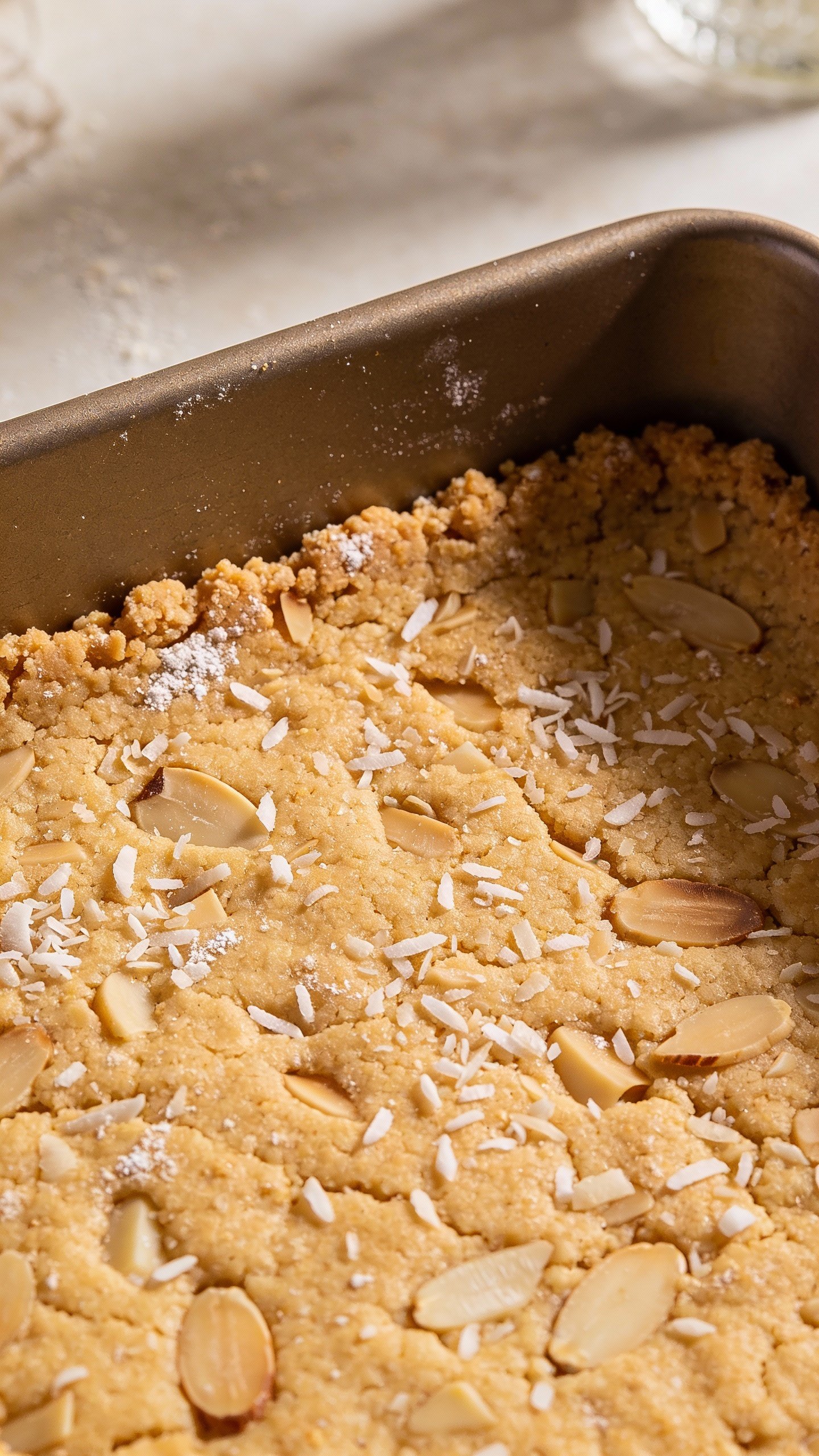 almond-coconut shortbread base in pan, pre-bake closeup