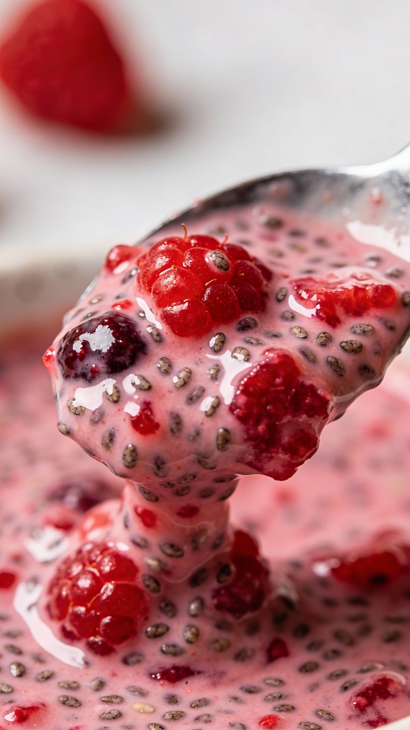 spoonful of raspberry chia filling, macro food shot