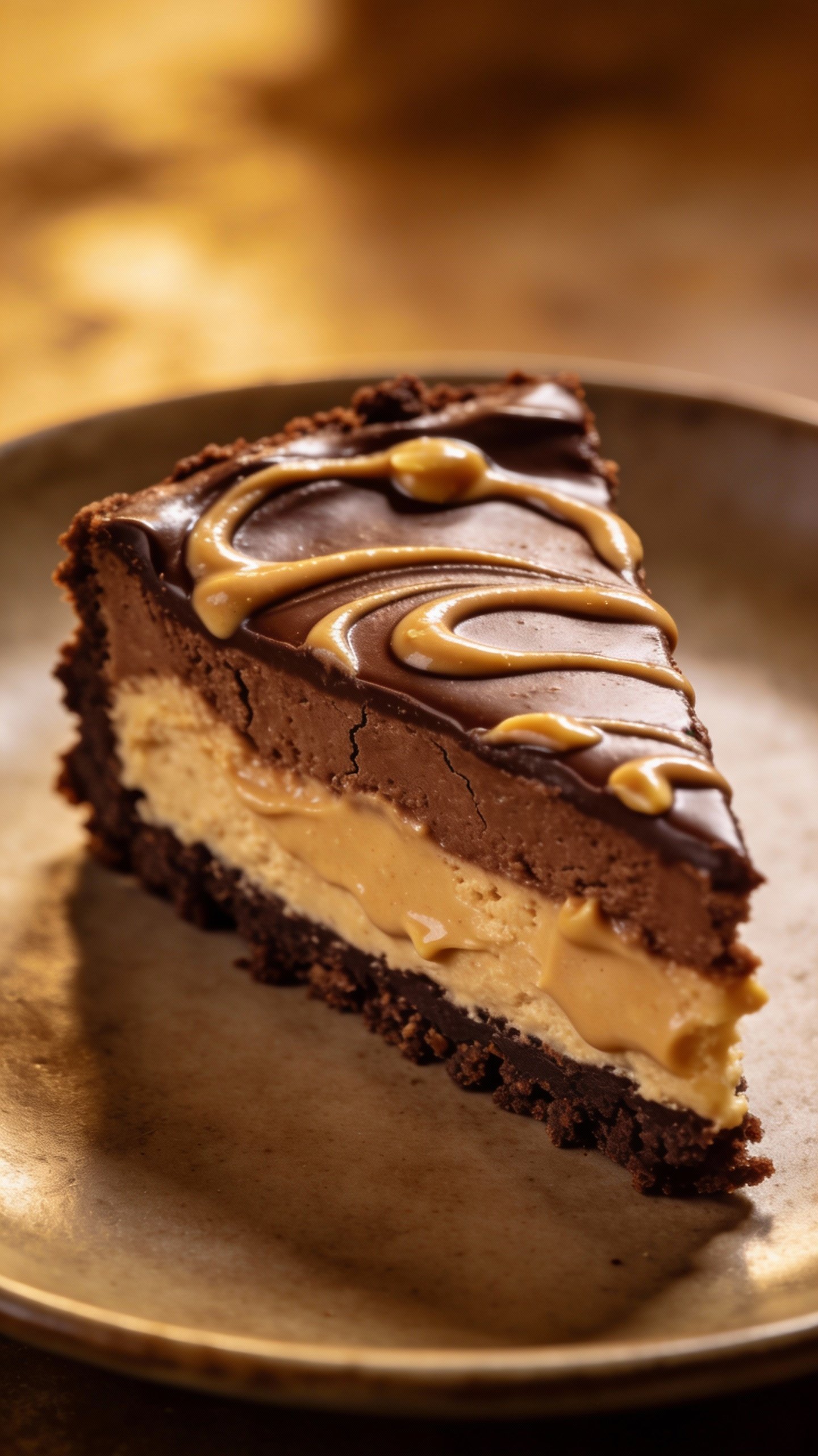 closeup slice of keto chocolate peanut butter cheesecake on matte plate
