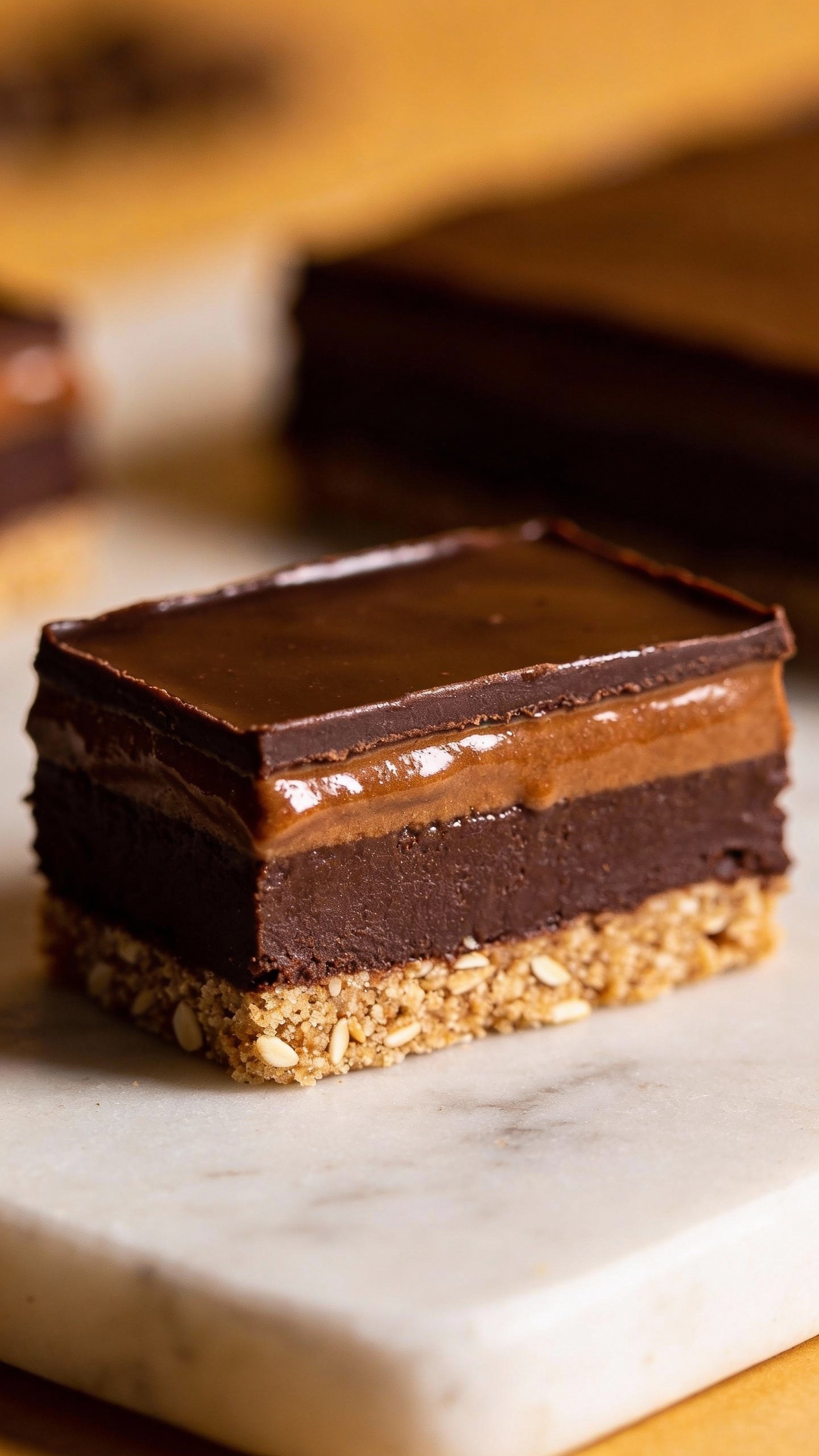 single keto mocha bar slice showing layered ganache and crust