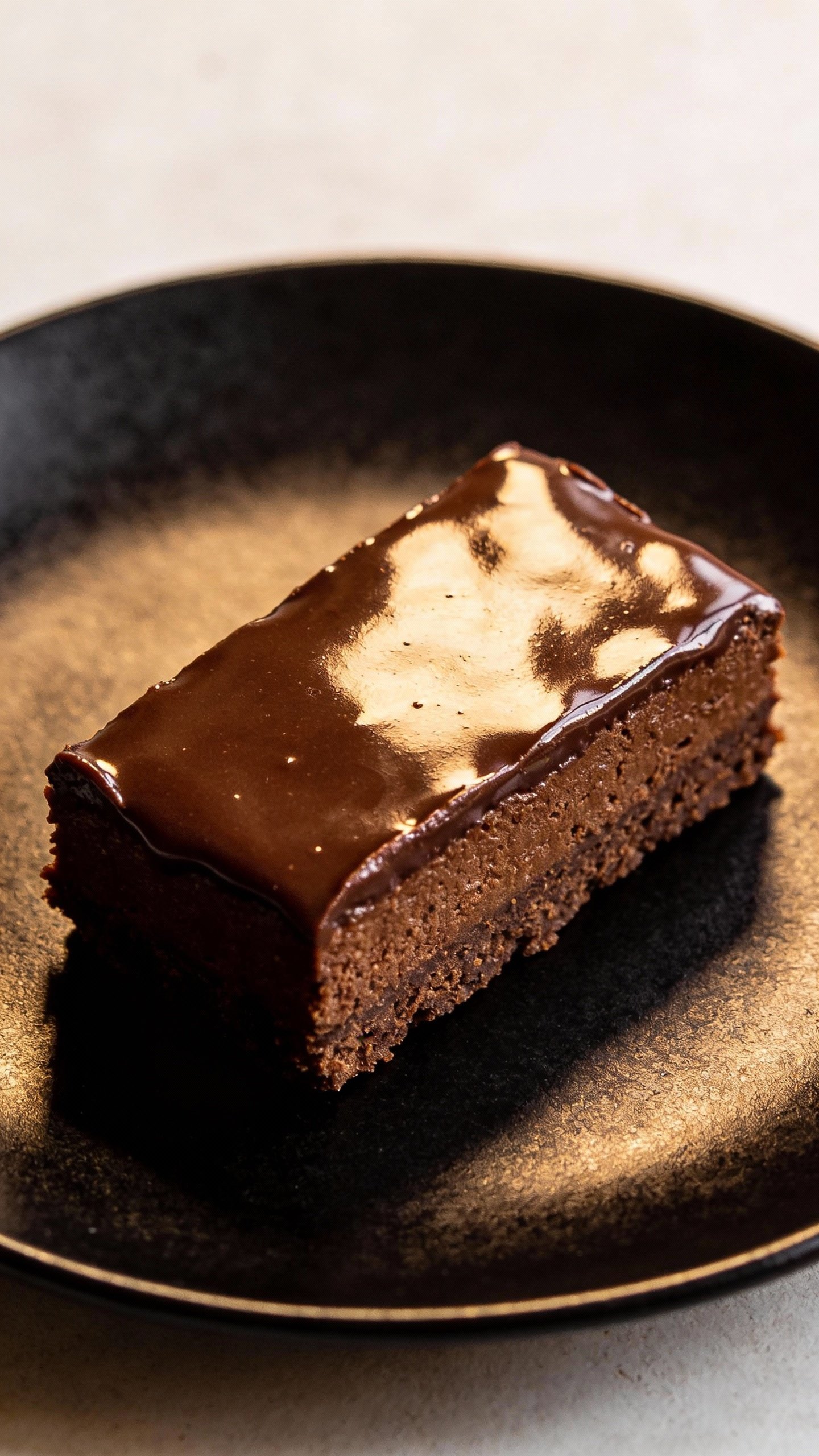 glossy ganache-topped keto mocha bar on matte black plate