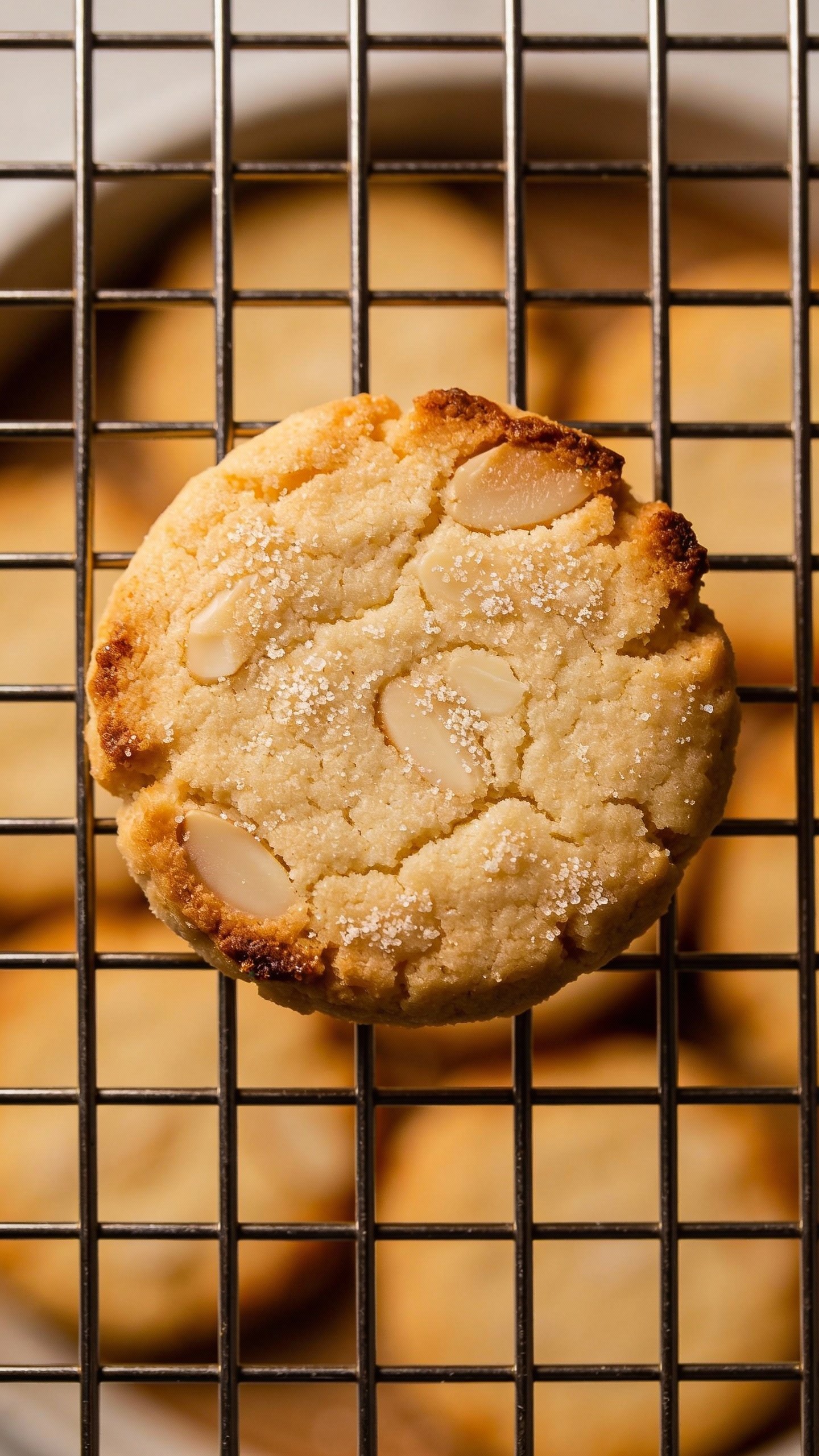single almond flour shortbread cookie with crisp edges, overhead