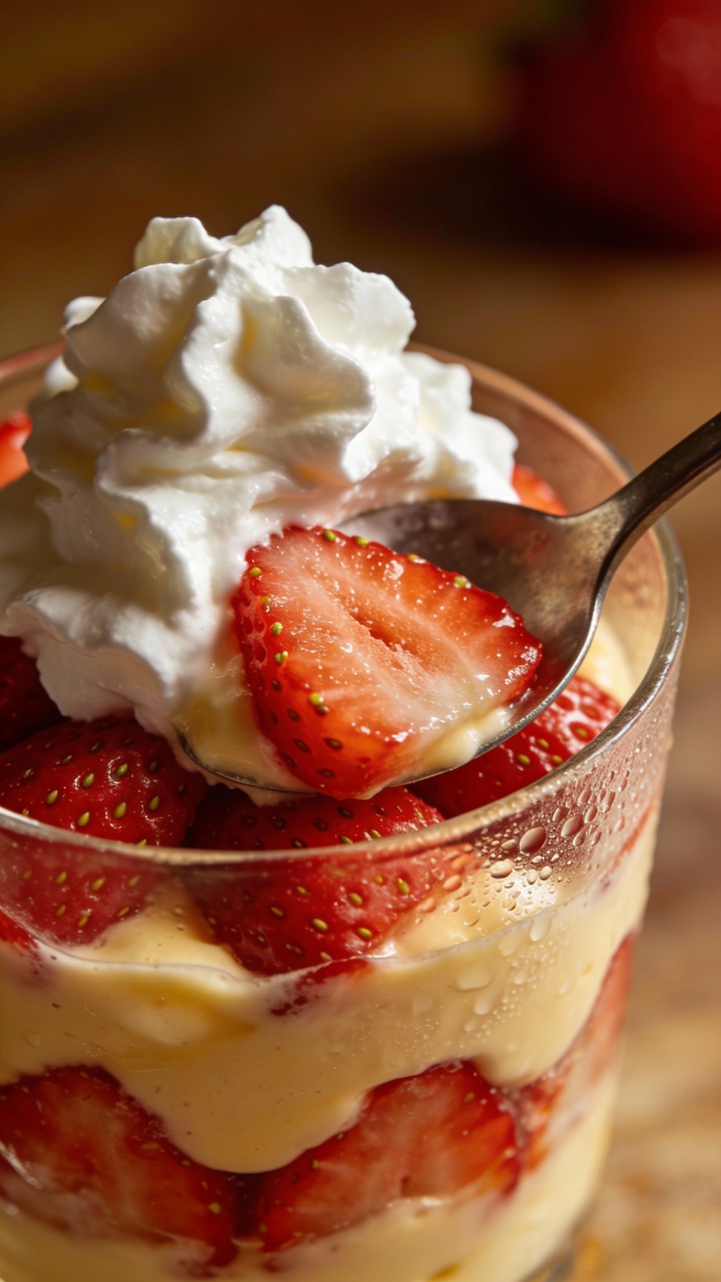 spoonful of whipped cream over keto strawberry parfait