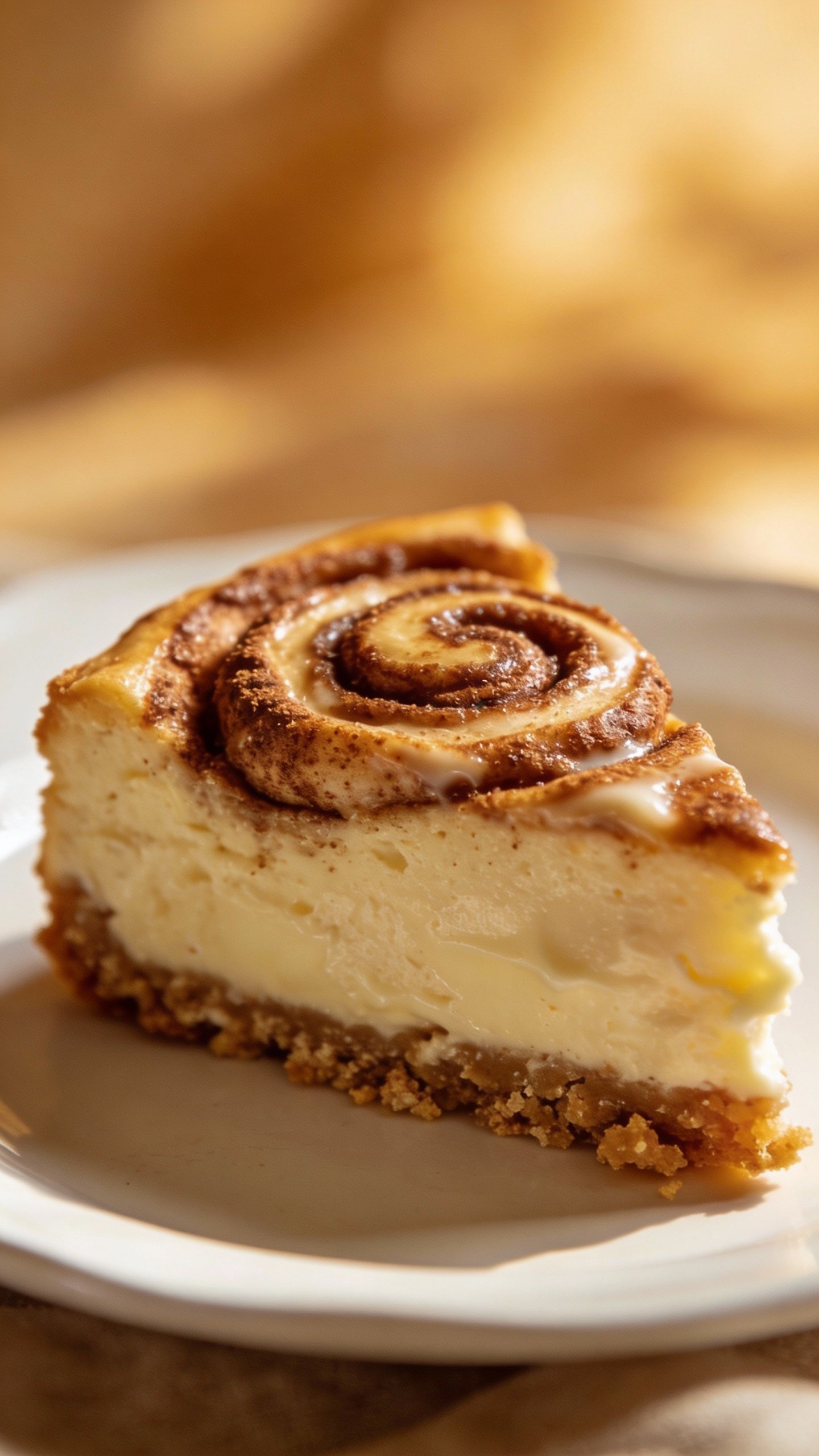 closeup keto cinnamon roll cheesecake slice on white plate