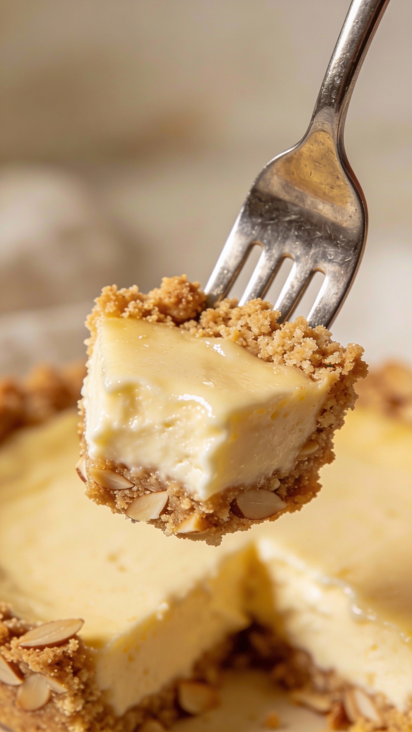 almond flour crust keto cheesecake bite on fork, soft light