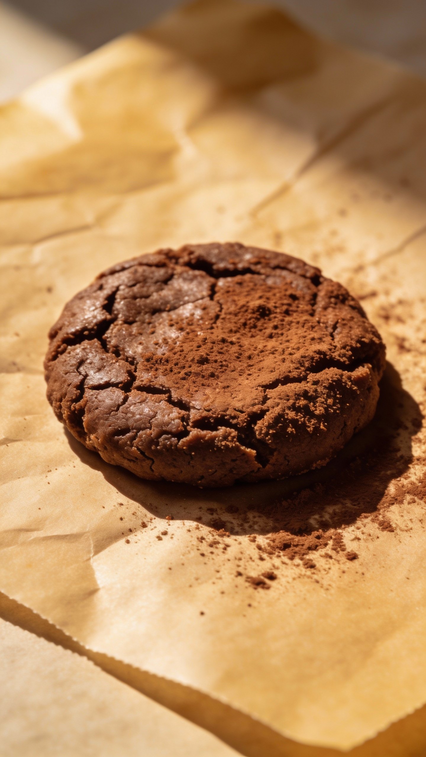 single keto cookie on parchment, dutch-process cocoa dusted
