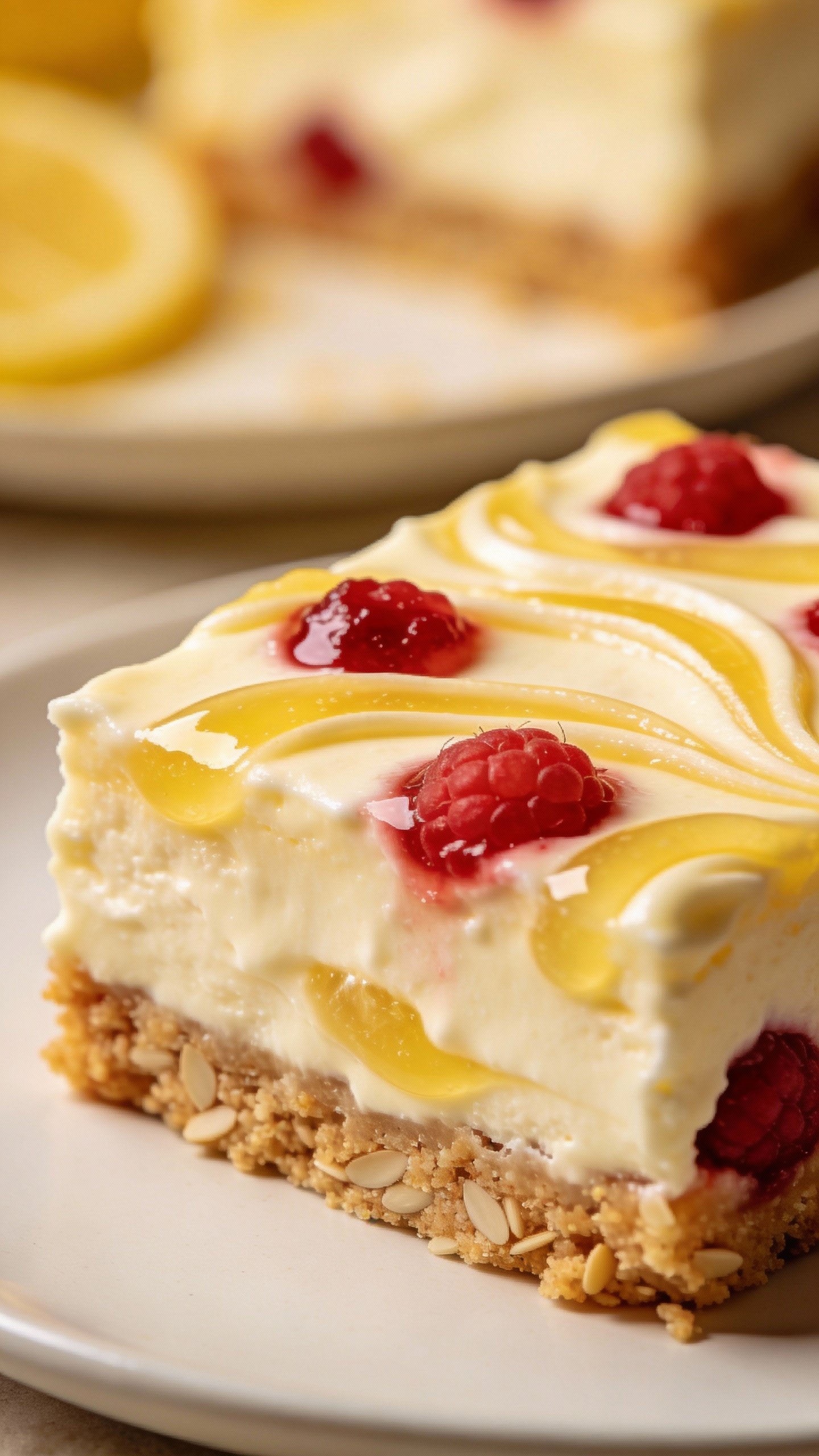 closeup keto lemon raspberry cheesecake bar on white plate