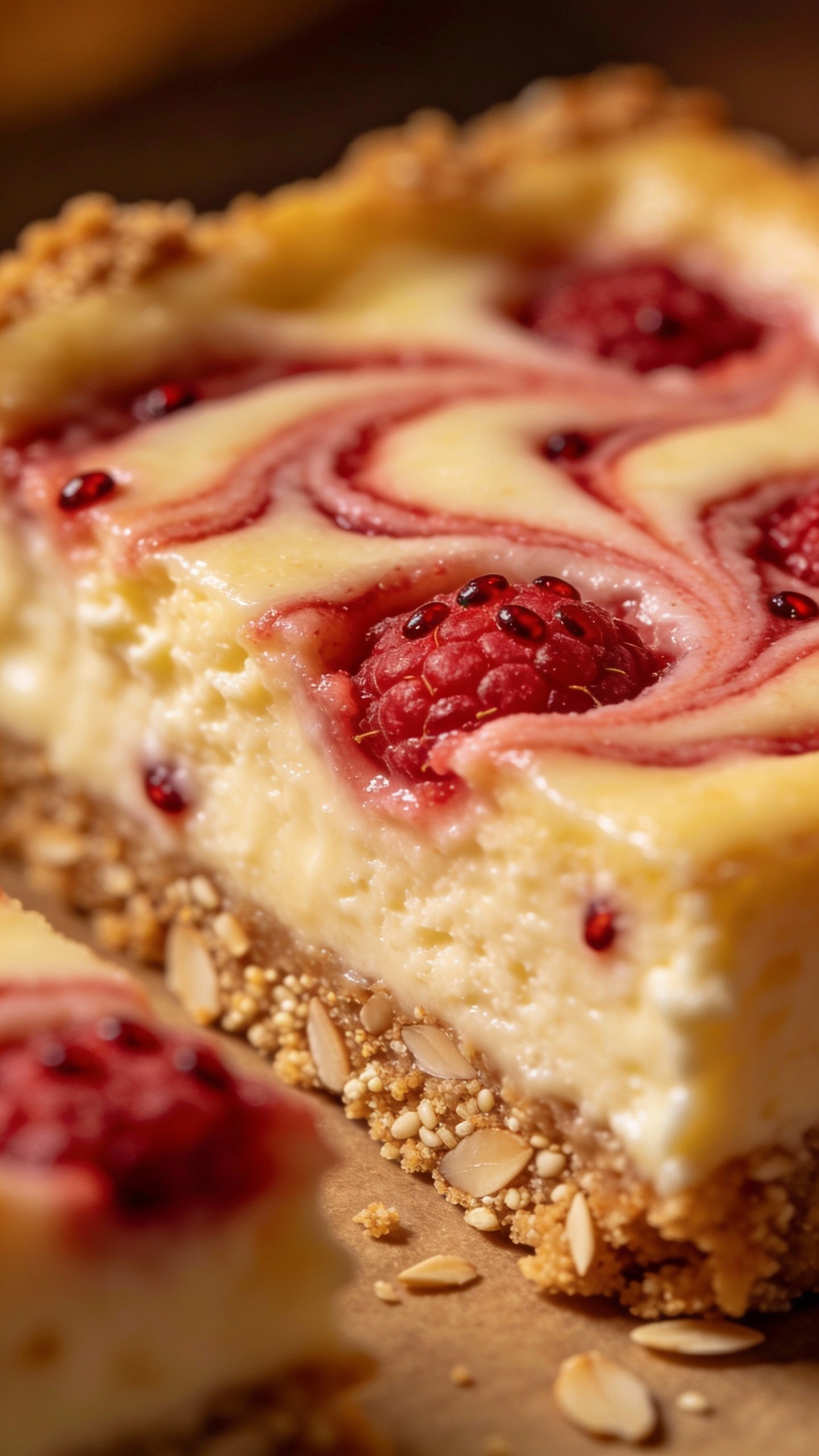 almond flour crust cheesecake bar with raspberry swirl, macro