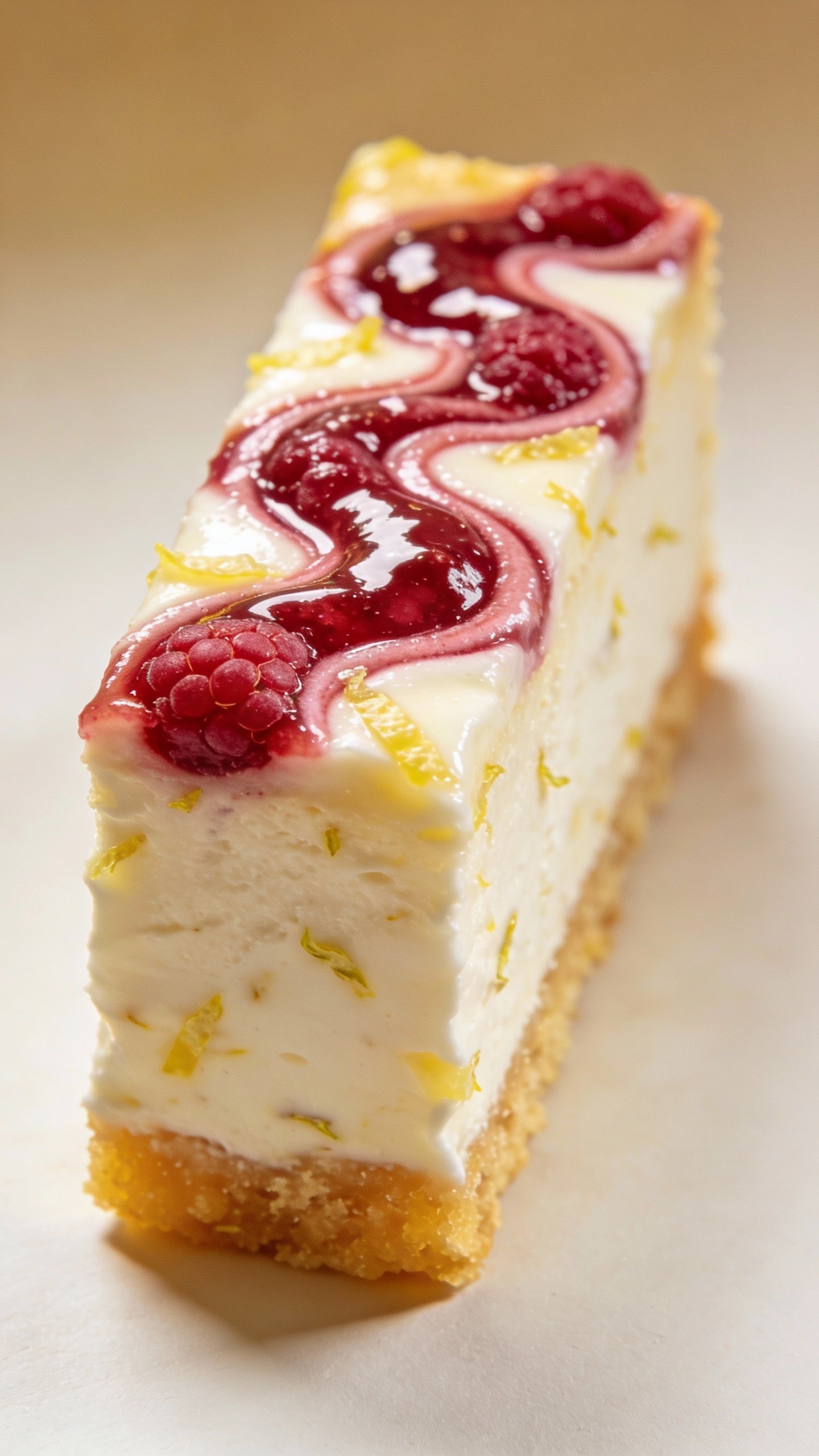 single lemon-zested cheesecake bar, glossy raspberry ripple, studio lighting