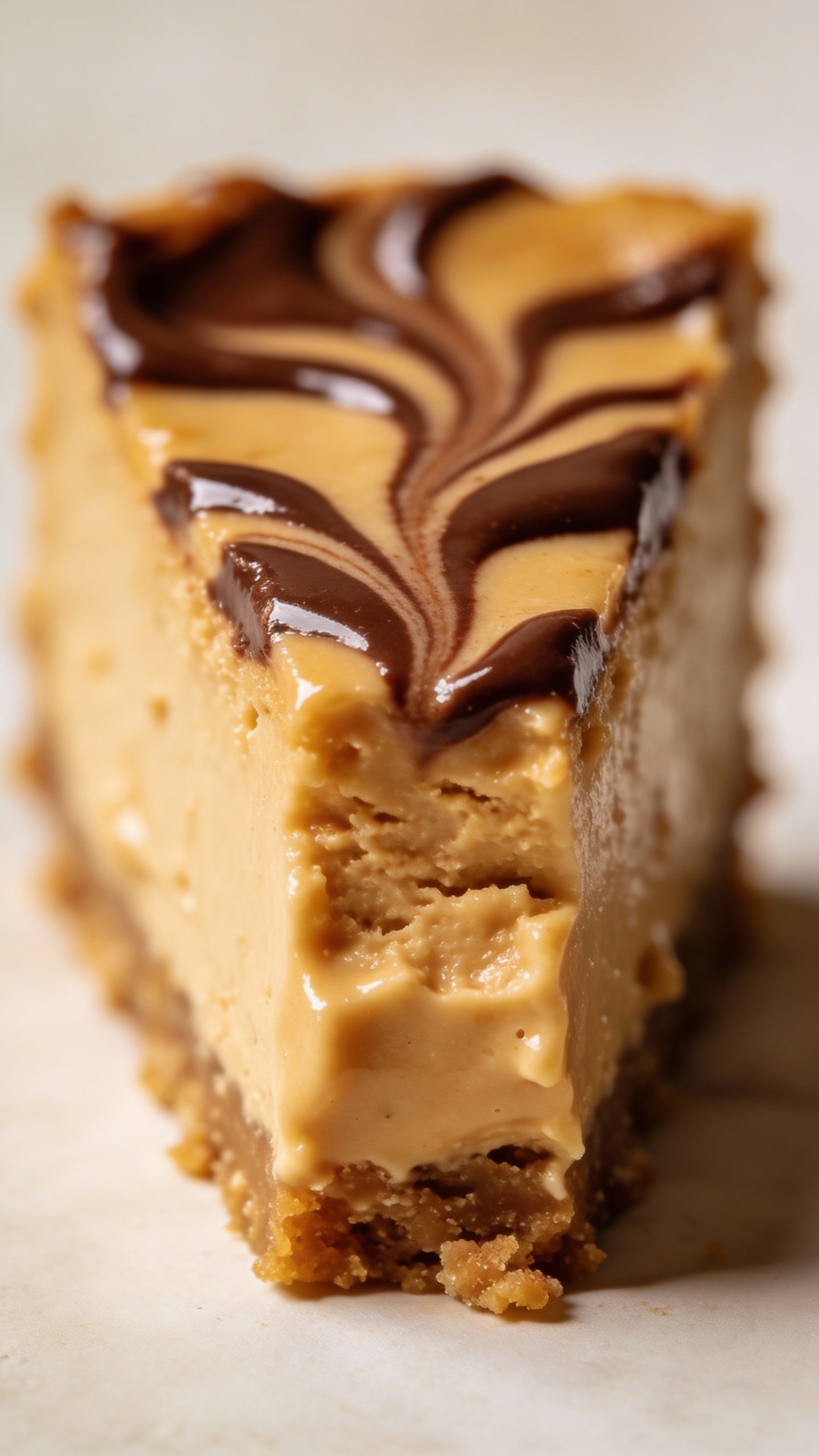 closeup keto peanut butter cheesecake bite with chocolate swirl