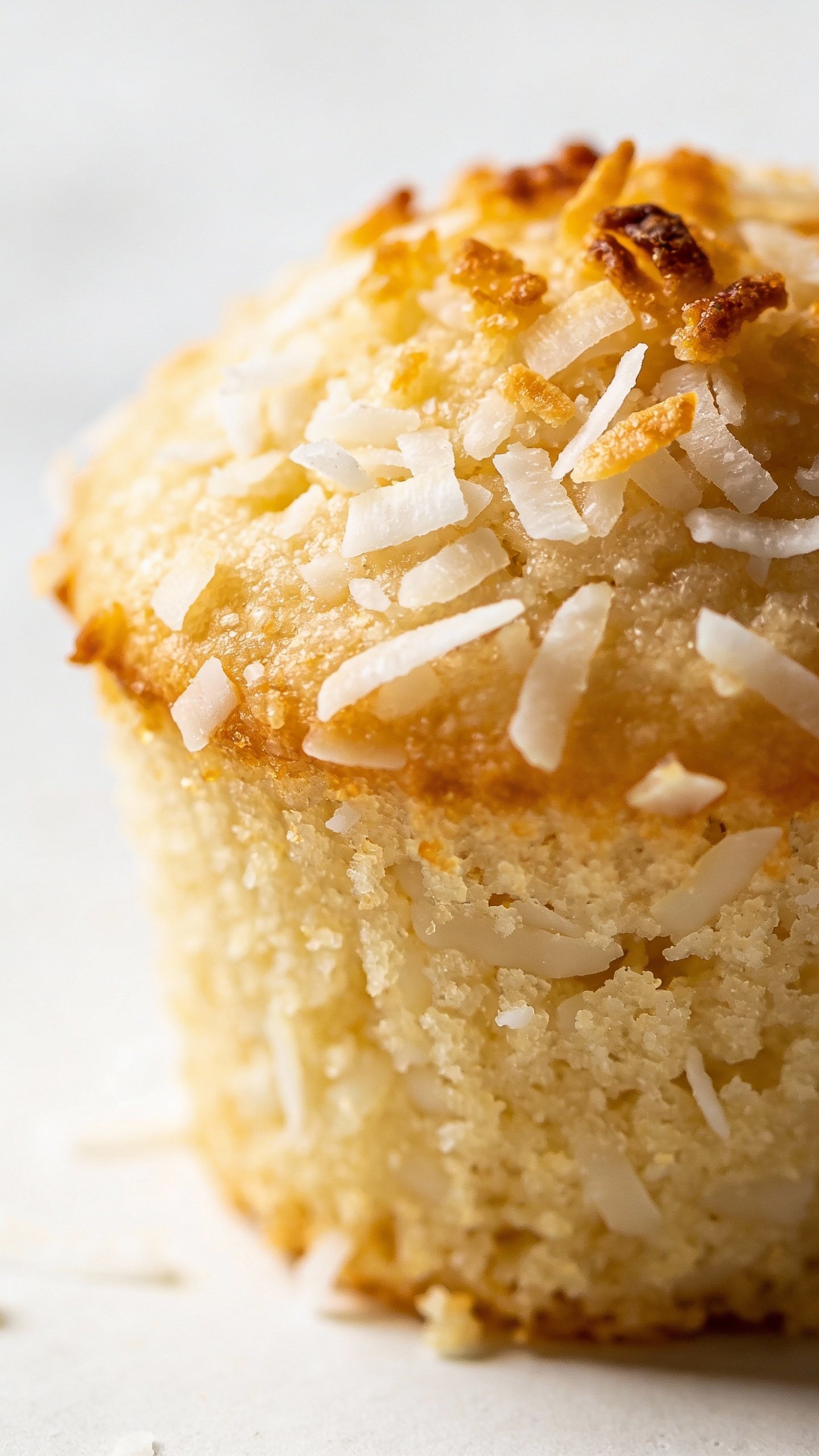 single keto vanilla coconut cupcake with toasted coconut topping