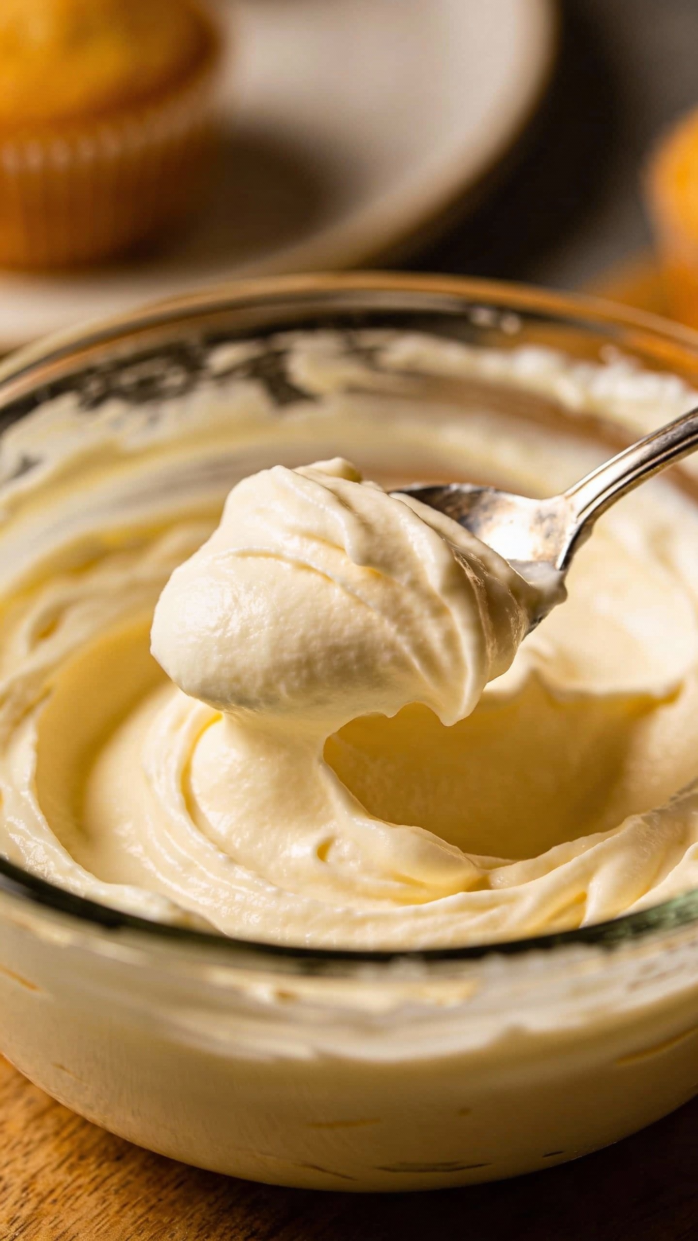 spoonful of silky keto vanilla coconut frosting in glass bowl