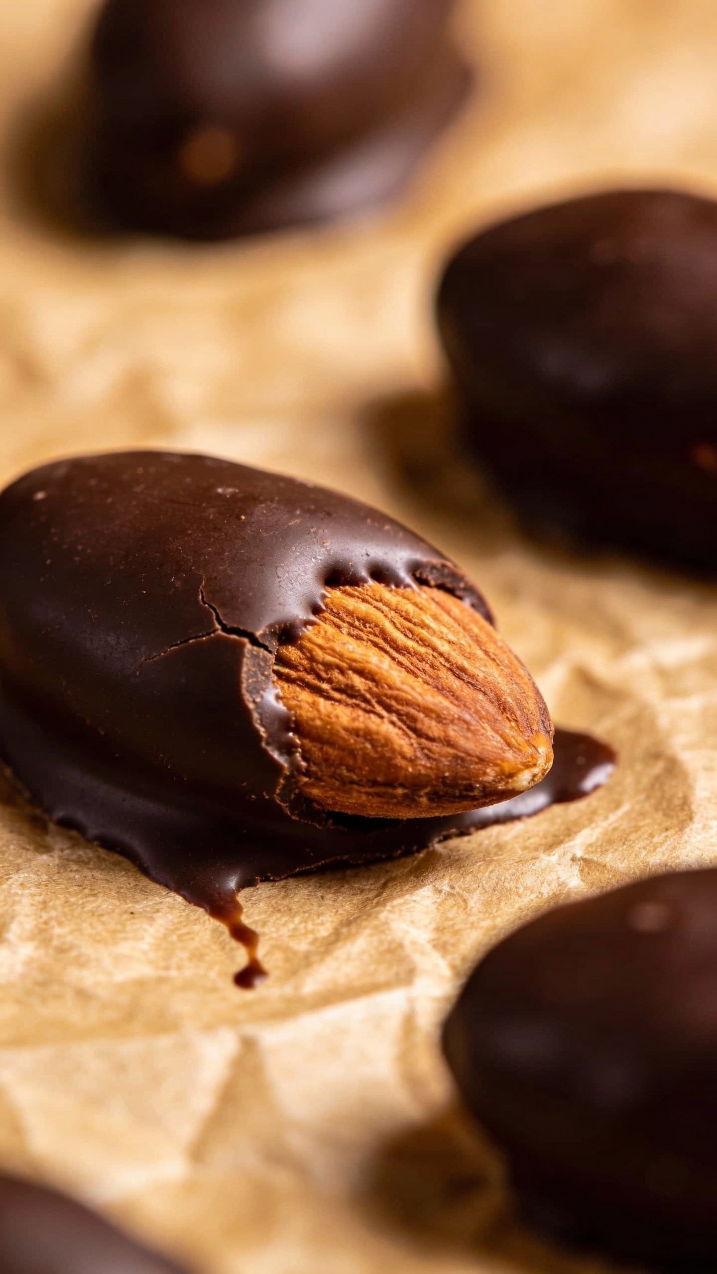 closeup keto dark chocolate coated almond on parchment