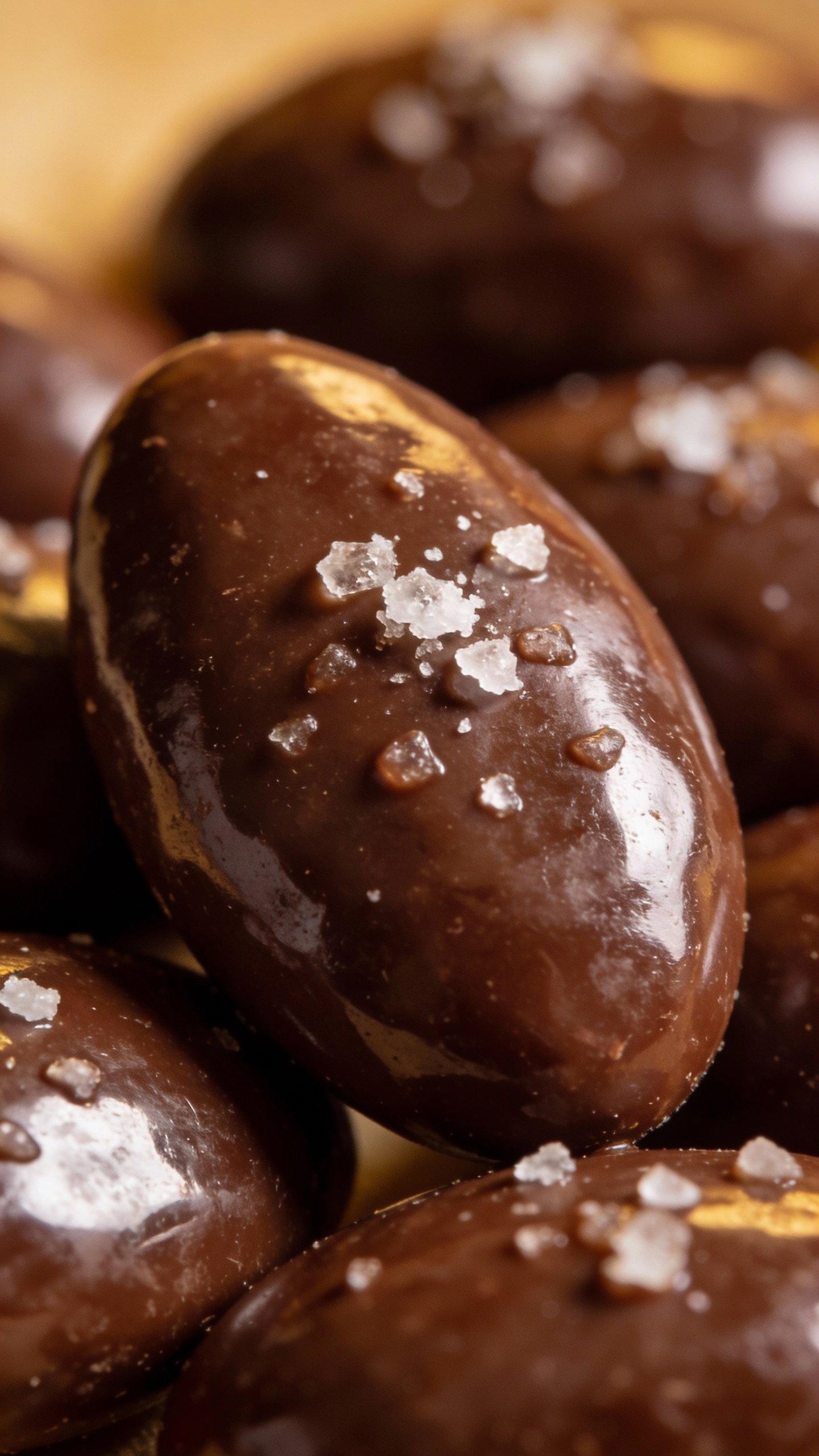 macro shot of glossy sugar-free chocolate almond, sea salt flecks