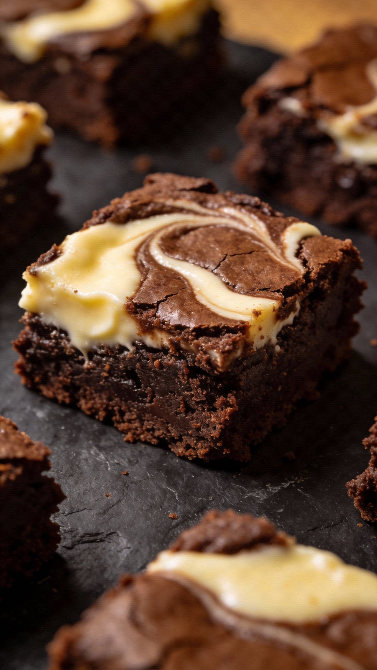 closeup keto cream cheese brownie with vanilla swirl, on slate