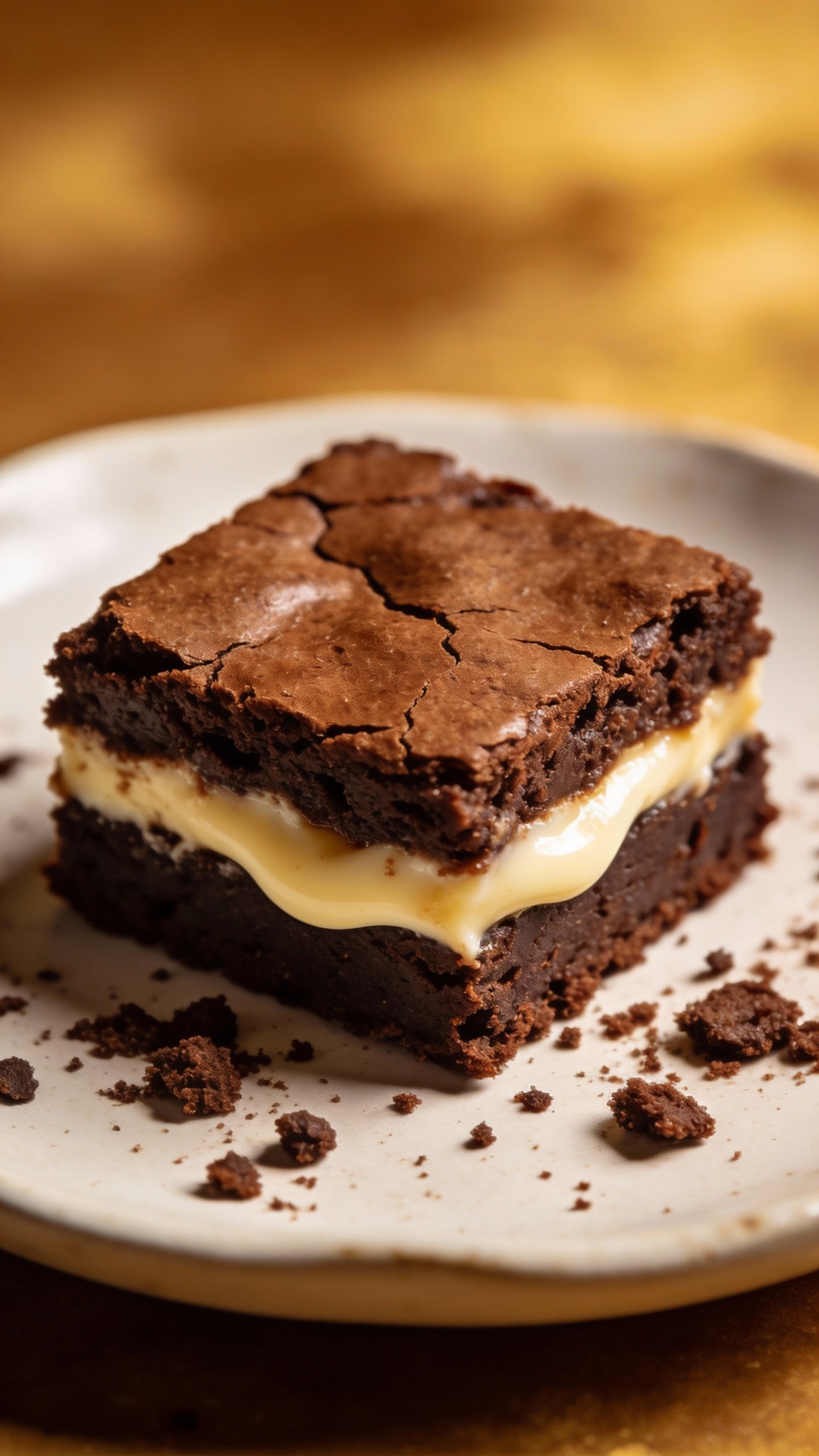 single square keto brownie with cheesecake ribbon, crumbs on plate