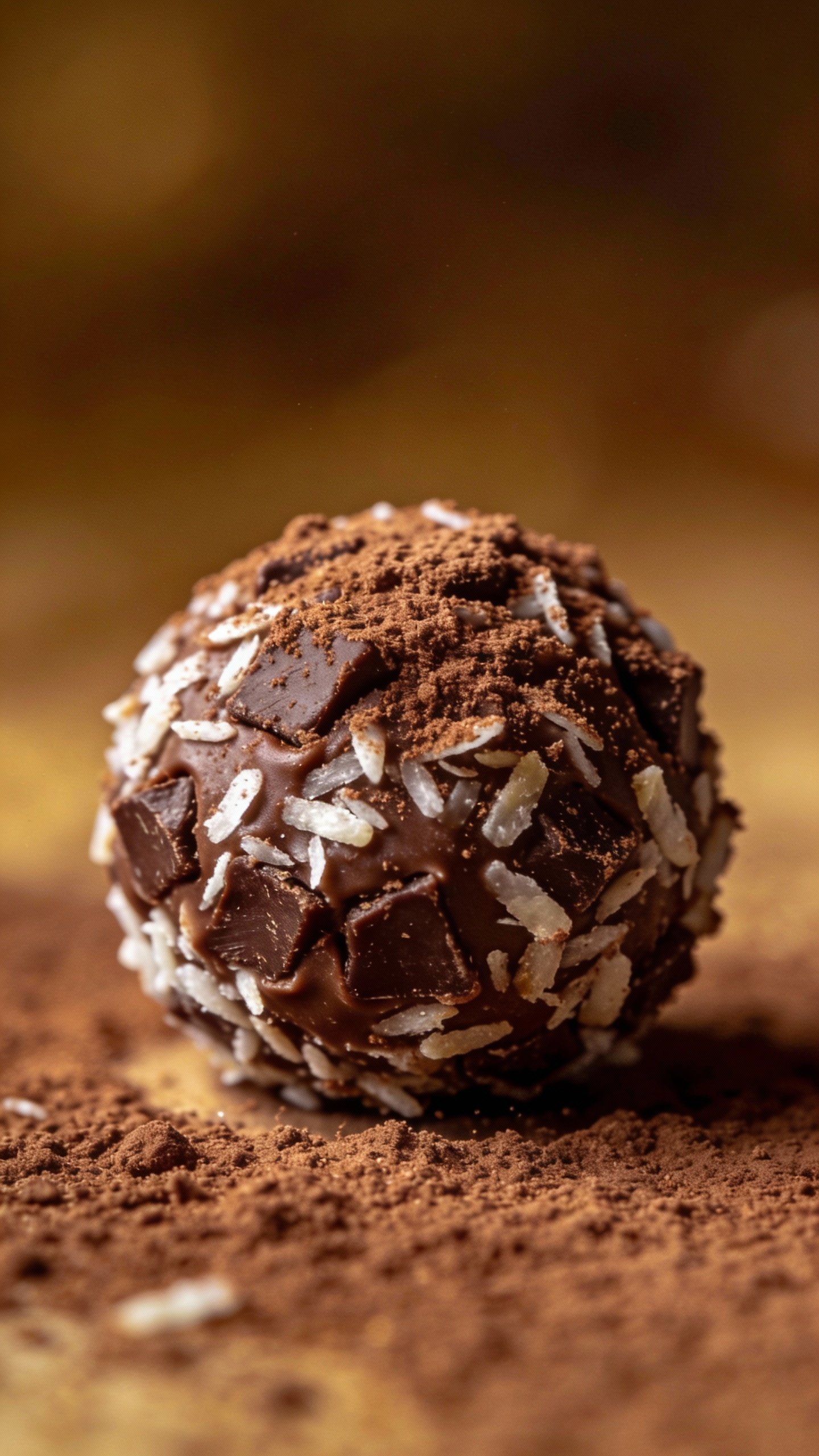 single keto chocolate coconut bliss ball dusted with cocoa, closeup