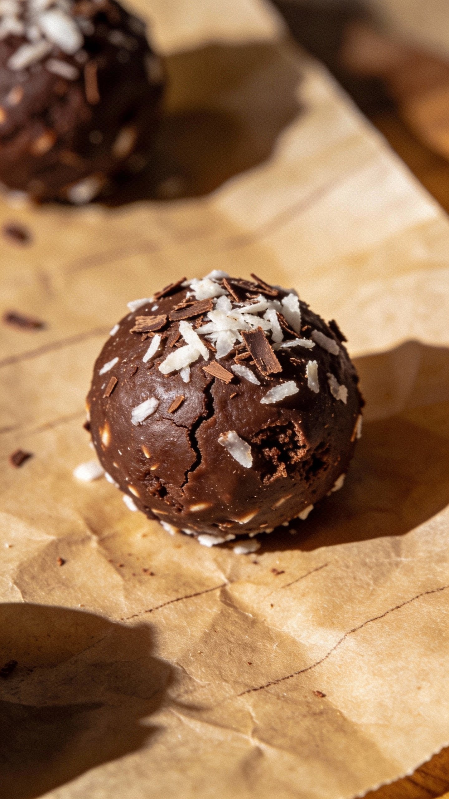 keto chocolate coconut bliss ball on parchment, soft natural light