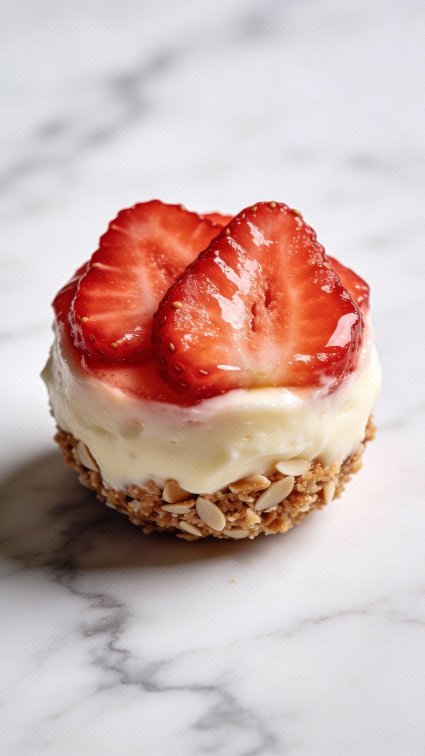 closeup keto strawberry cheesecake fat bomb on white marble