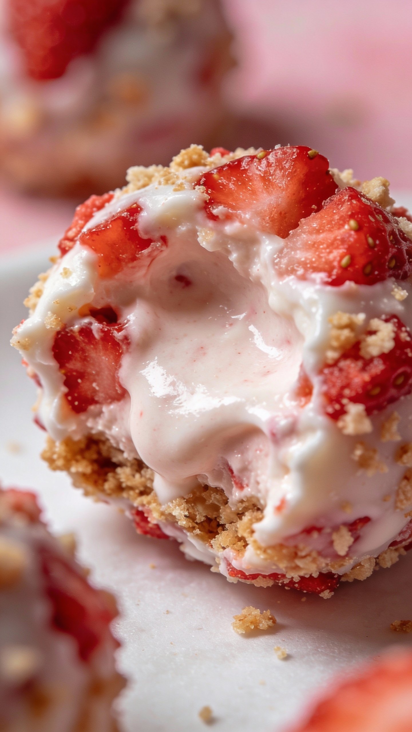 macro shot of bitten strawberry cheesecake fat bomb, creamy center