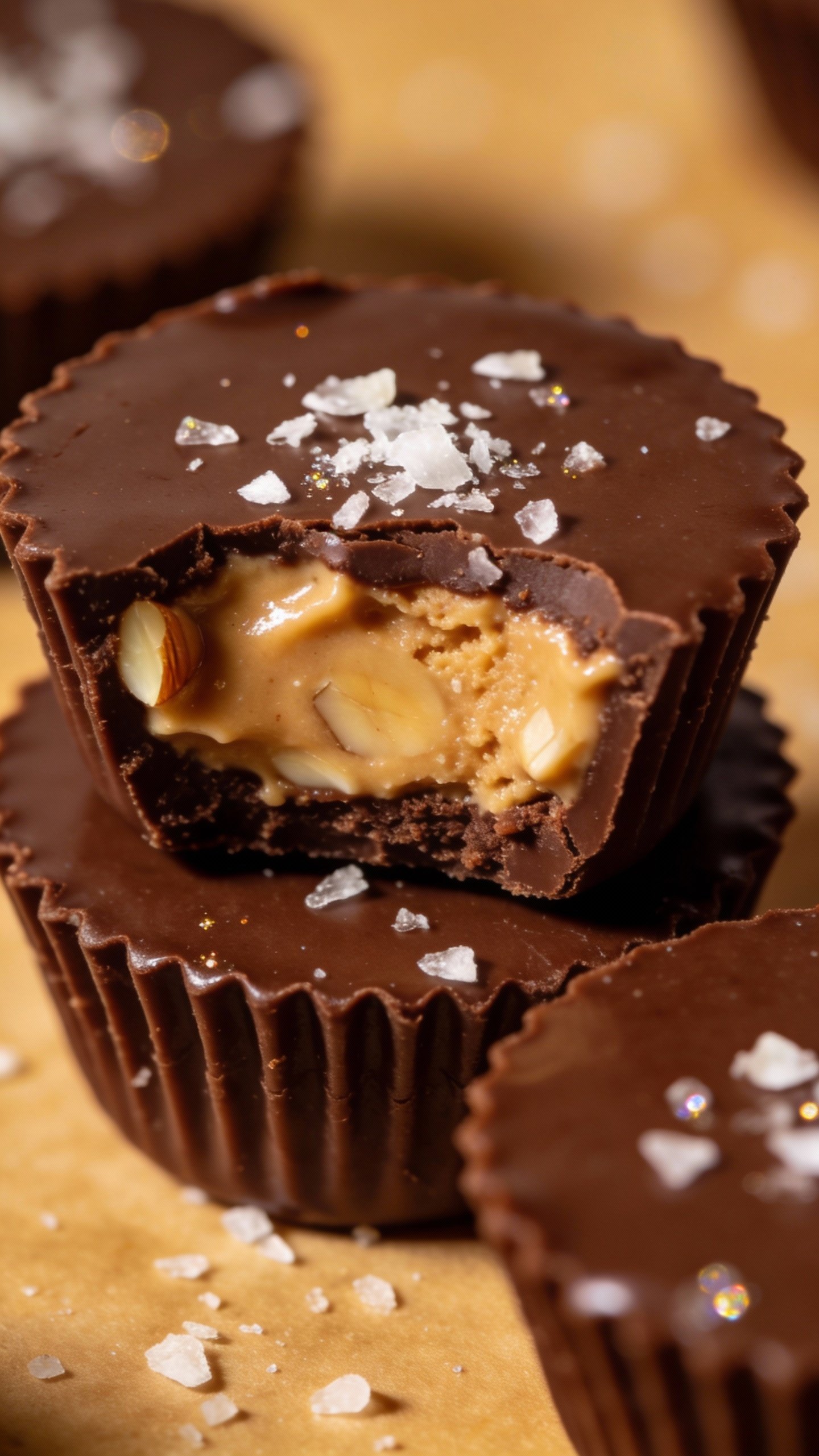 closeup keto chocolate almond butter cup with salted flake on top