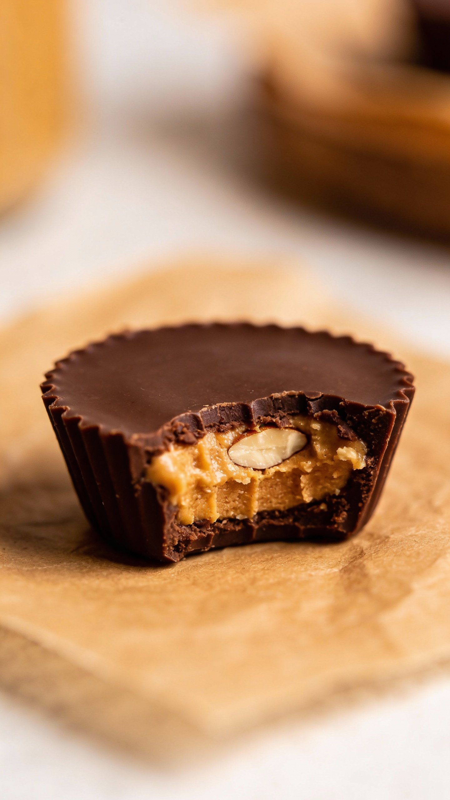 single bitten keto almond butter cup on parchment