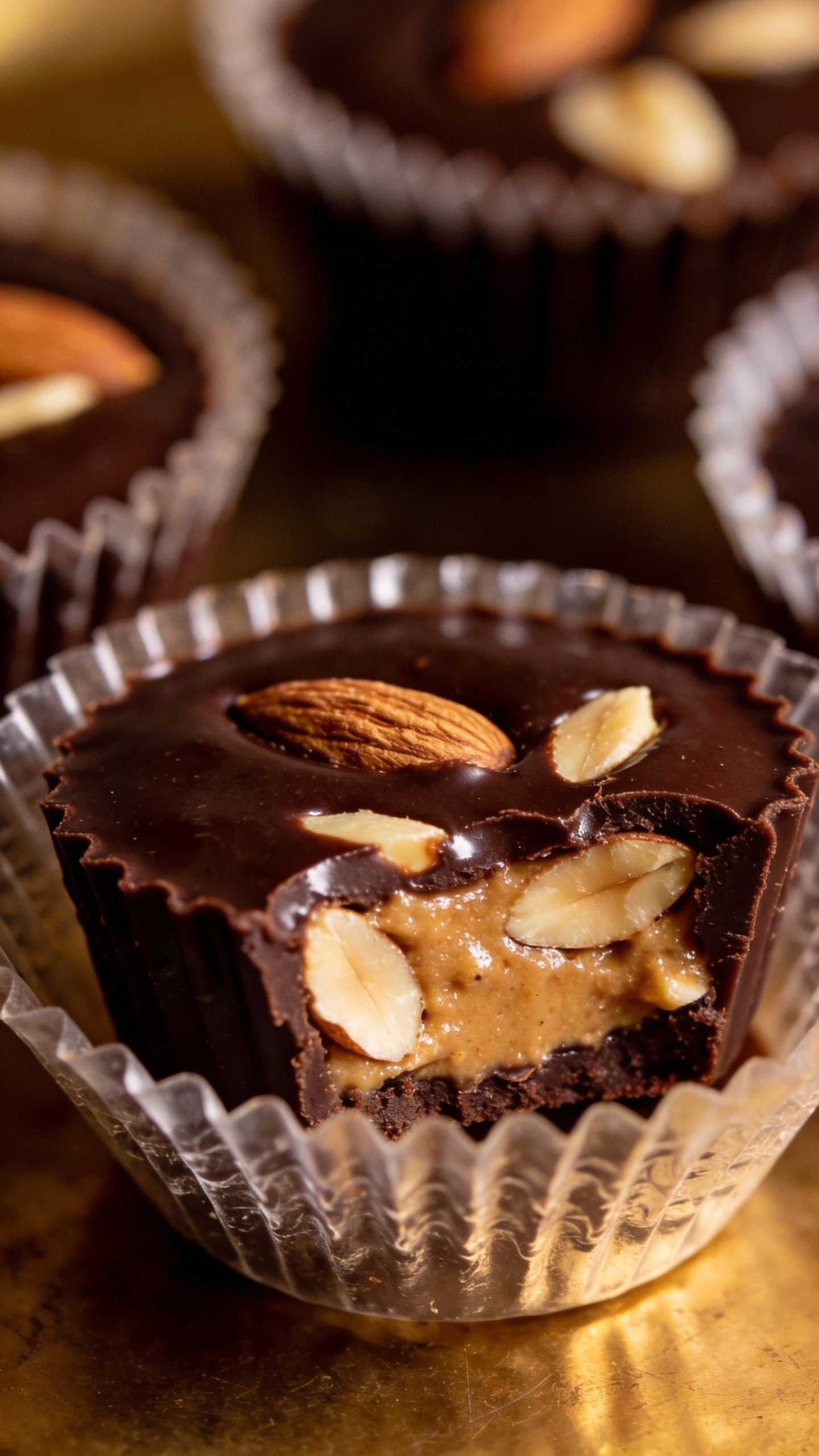 glossy dark chocolate almond butter cup in silicone liner