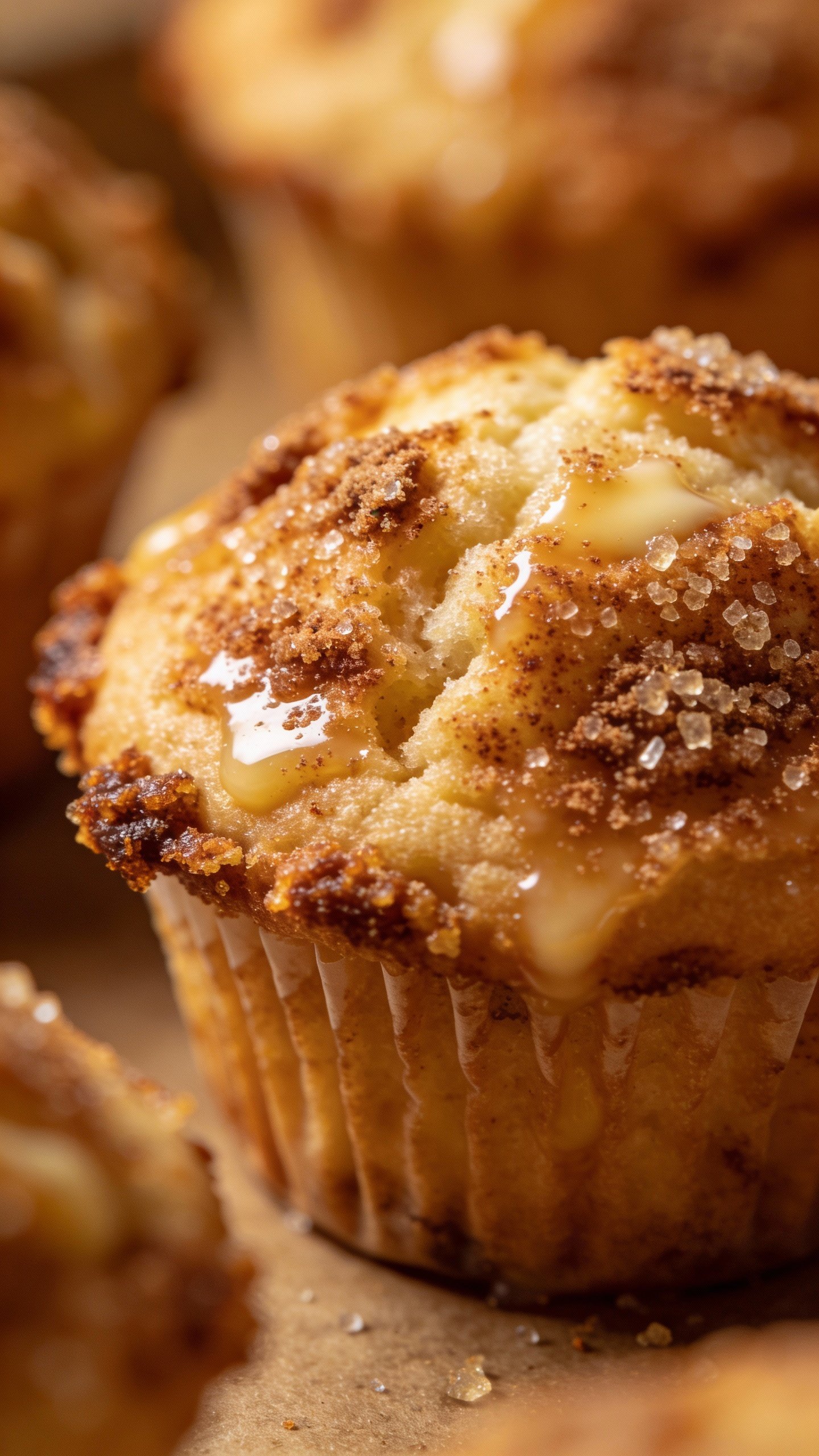 single muffin dipped in buttery cinnamon “sugar,” macro shot