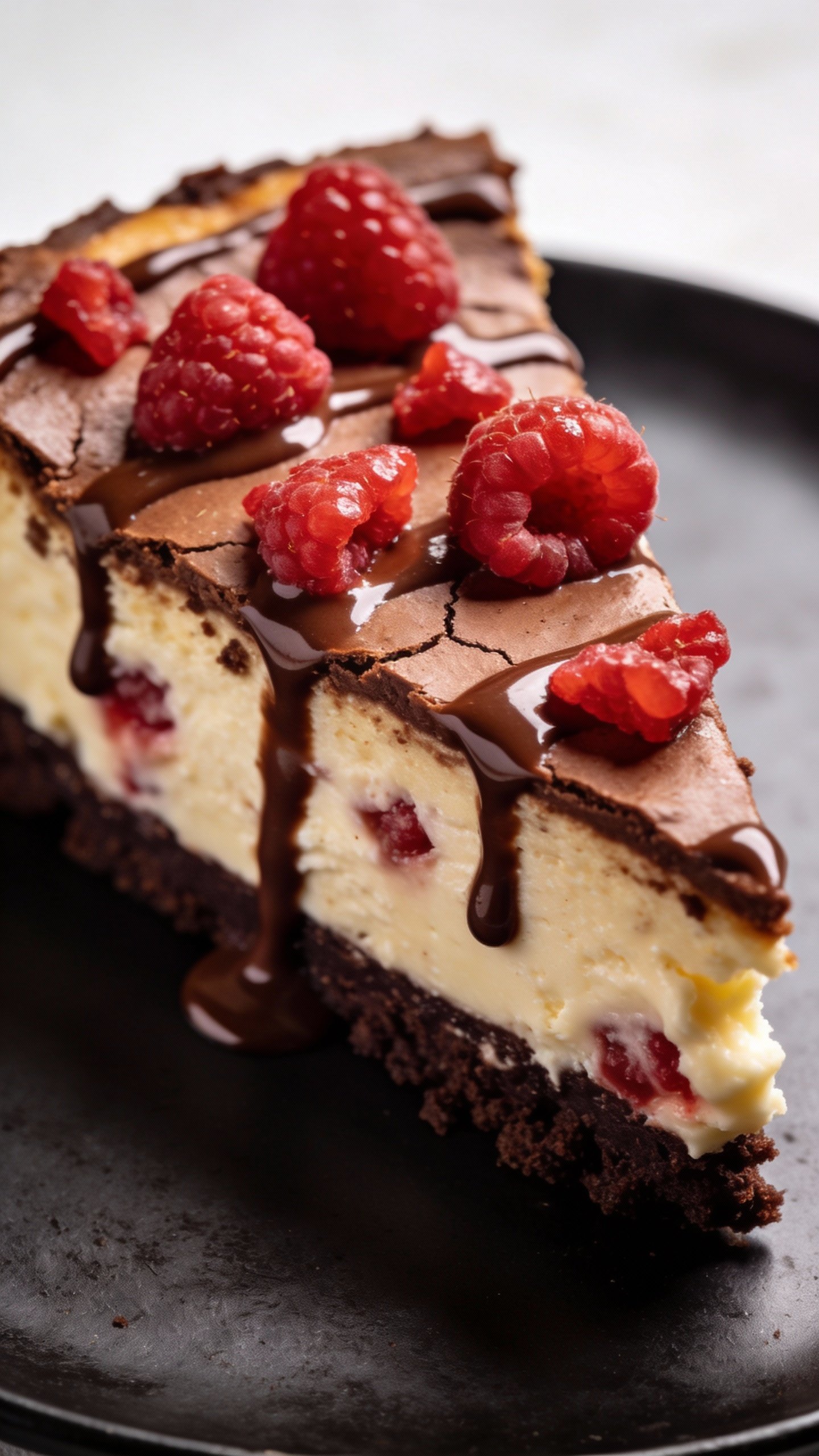 Closeup slice of keto raspberry chocolate cheesecake on matte black plate