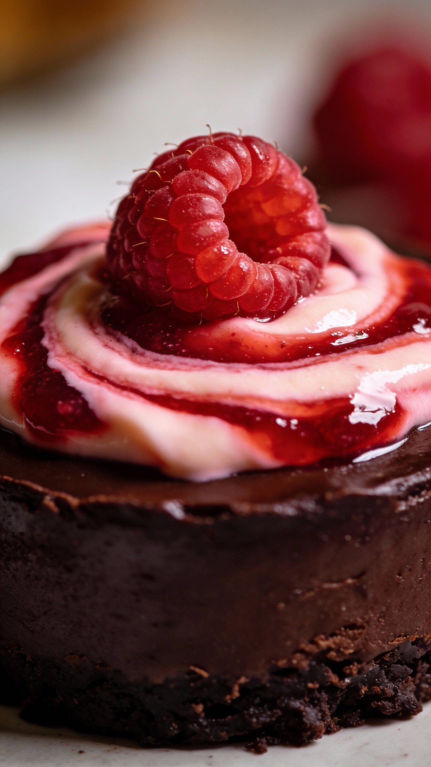 Glossy raspberry swirl on dark chocolate cheesecake top, macro