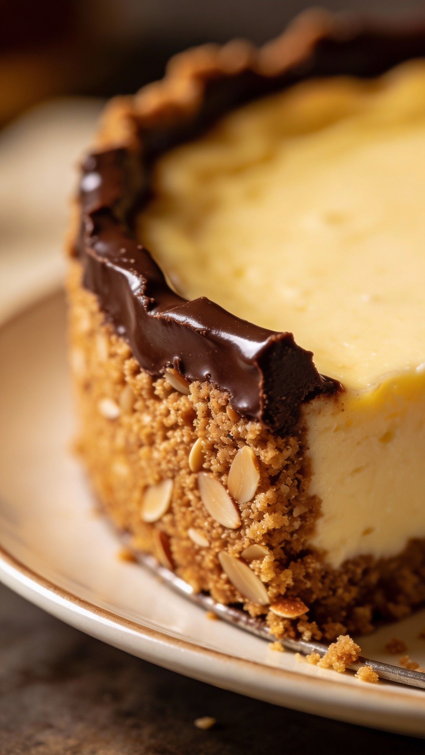 Almond flour chocolate crust edge of cheesecake, shallow depth-of-field