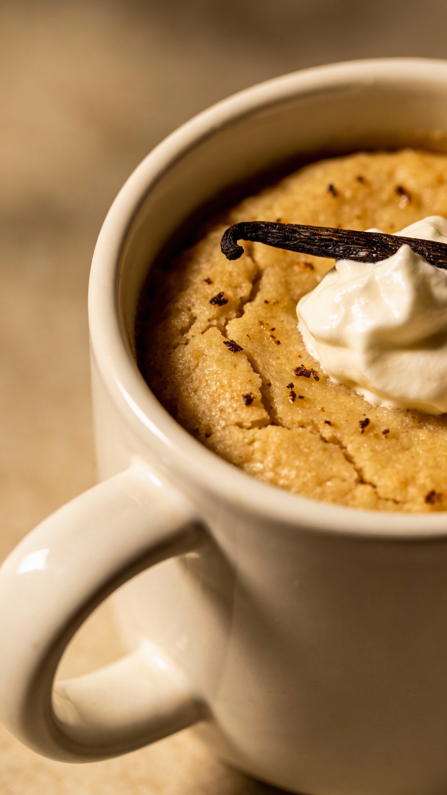 closeup keto vanilla bean mug cake in white ceramic mug