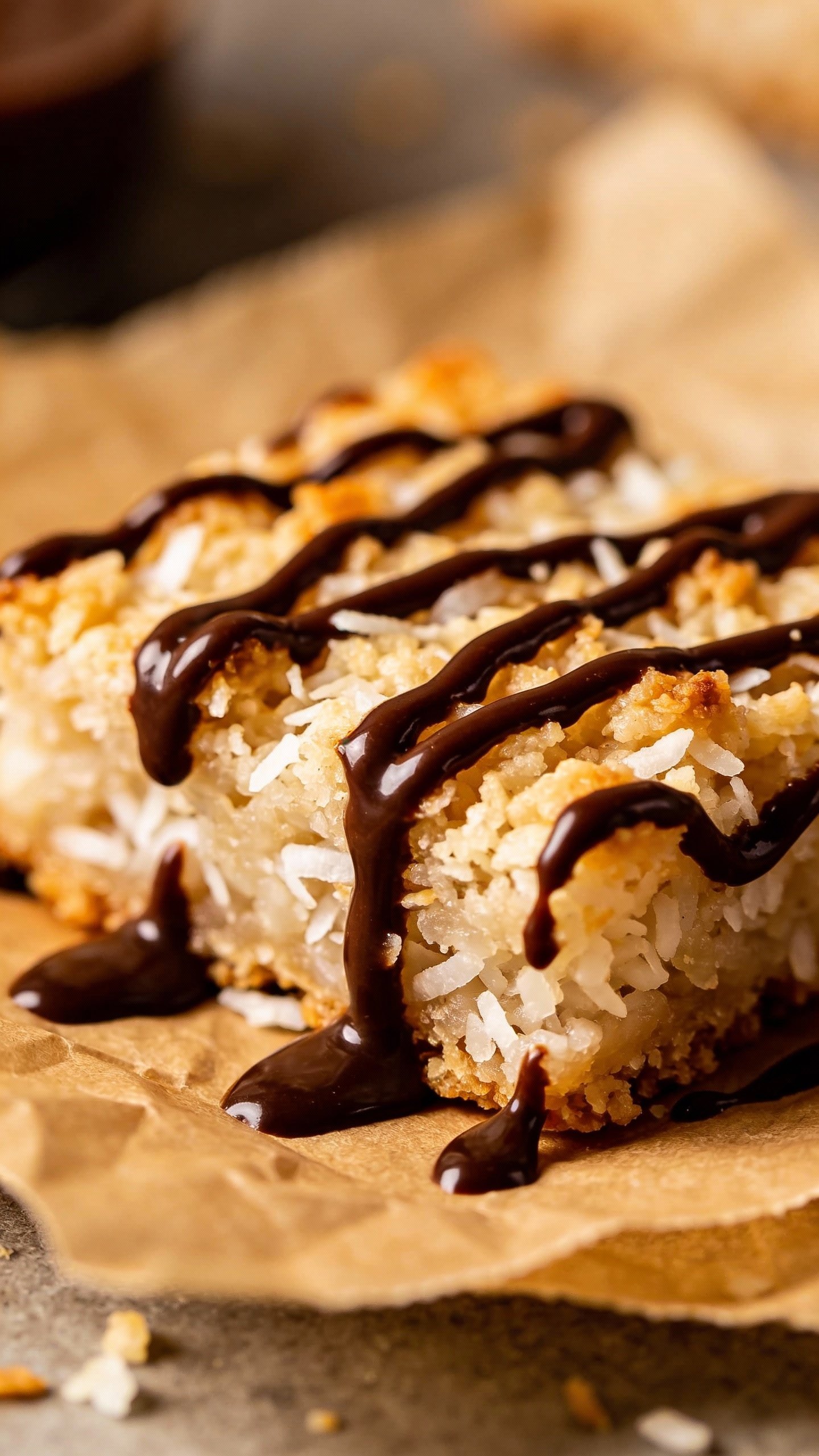 closeup keto coconut macaroon bar with chocolate drizzle on parchment