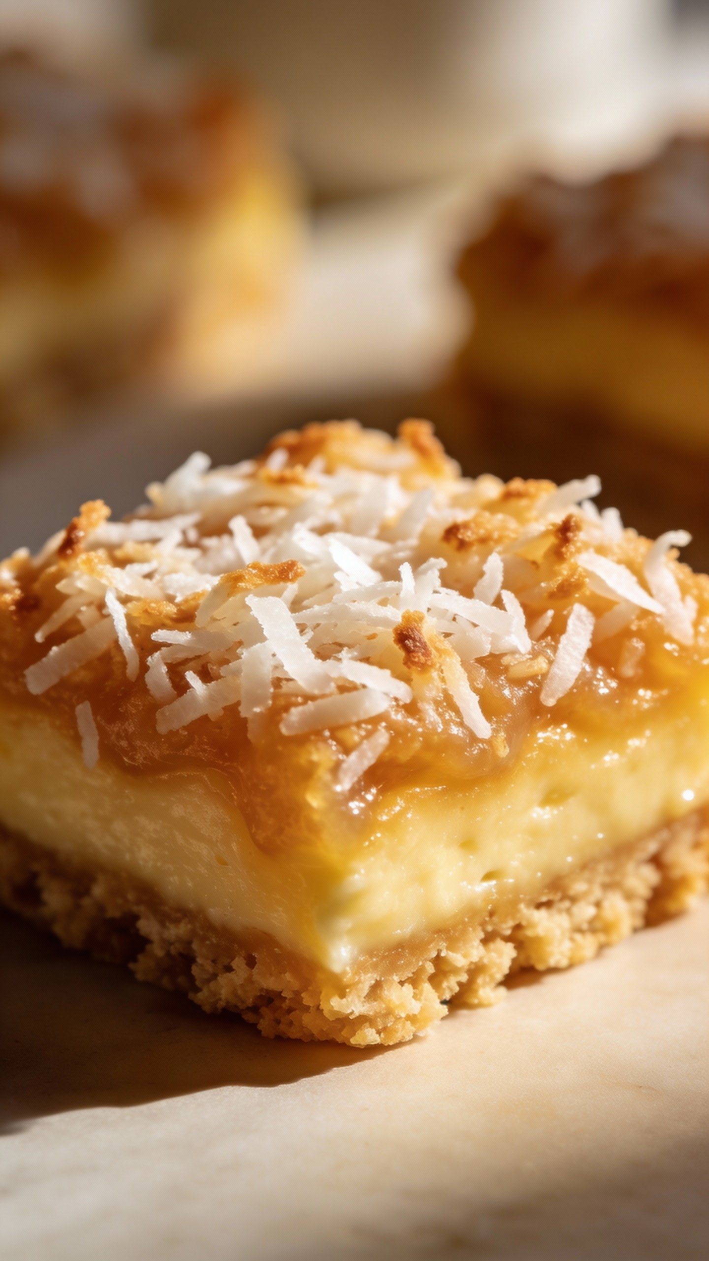 single keto macaroon bar showing chewy coconut top on butter crust