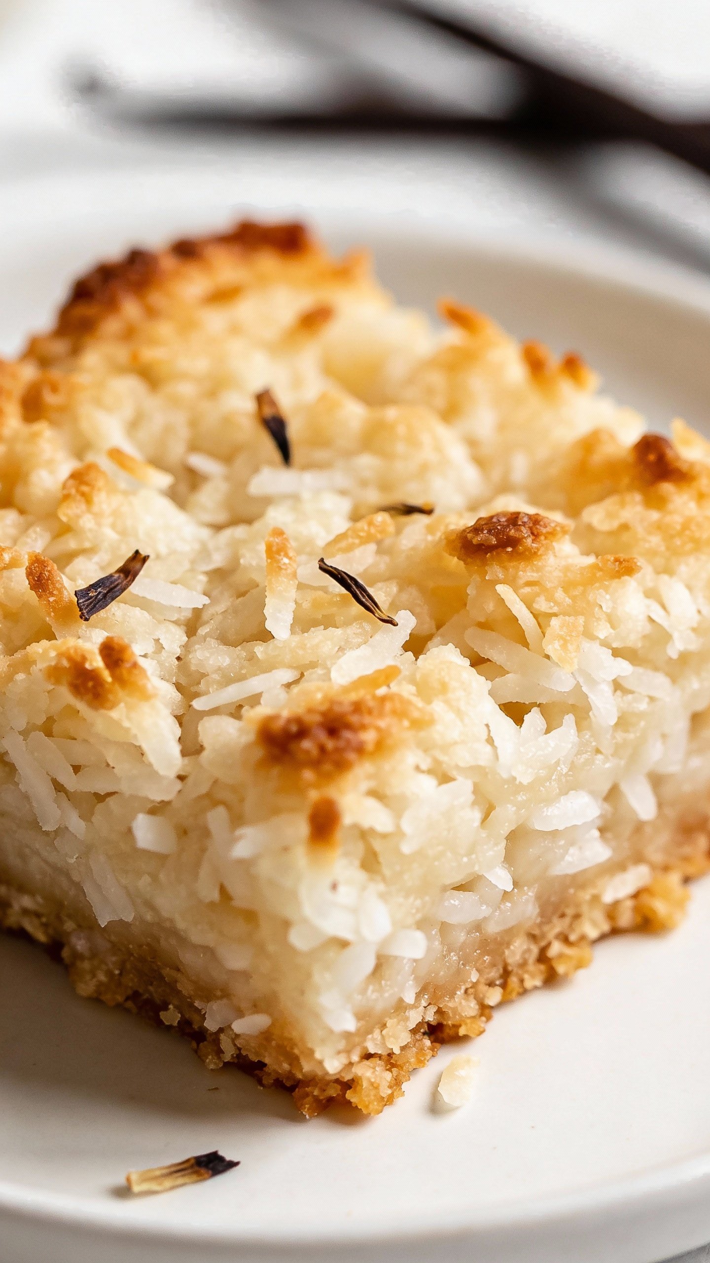 keto coconut macaroon bar on white plate, toasted edges, vanilla flecks
