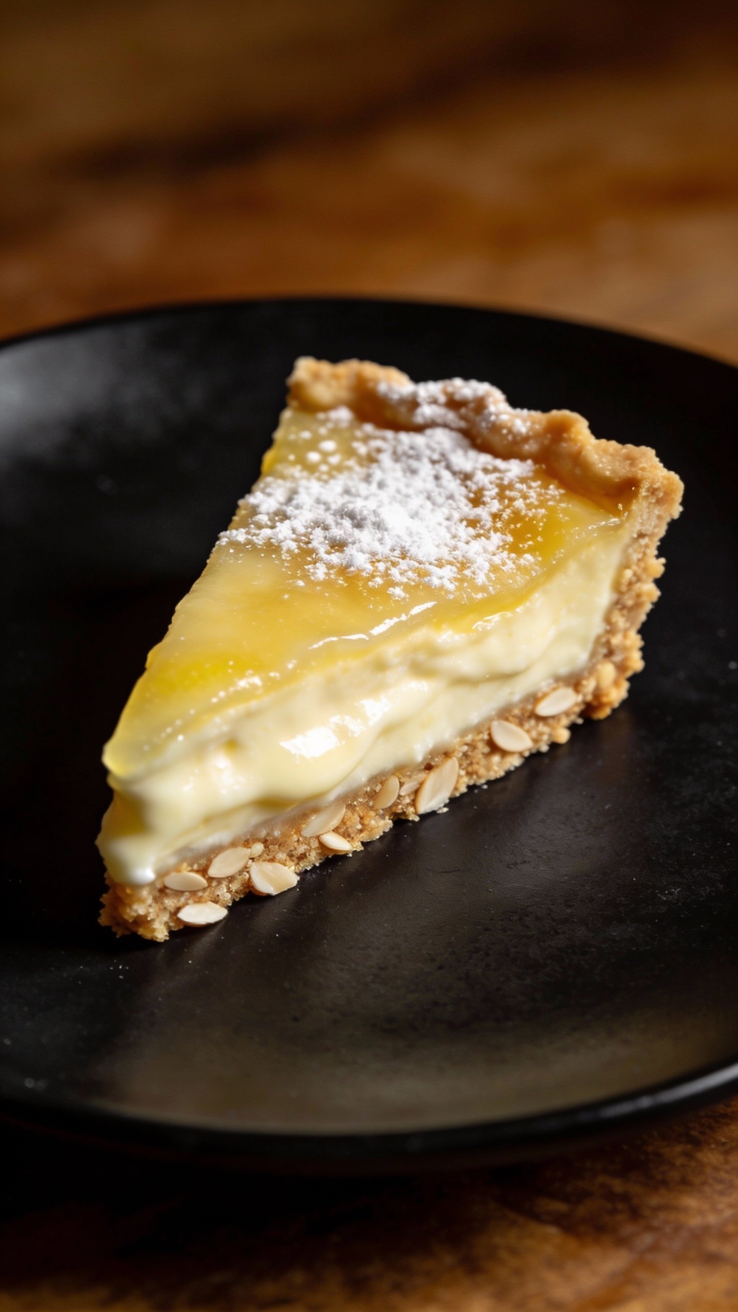 closeup keto lemon cream tart slice on matte black plate