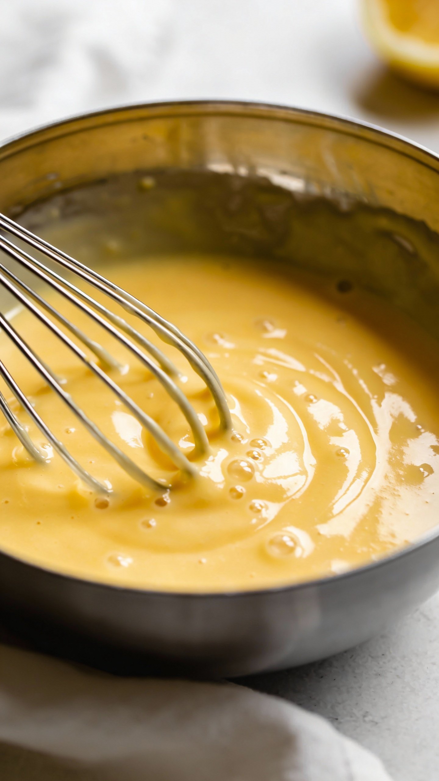 glossy lemon curd whisked in stainless bowl, soft natural light