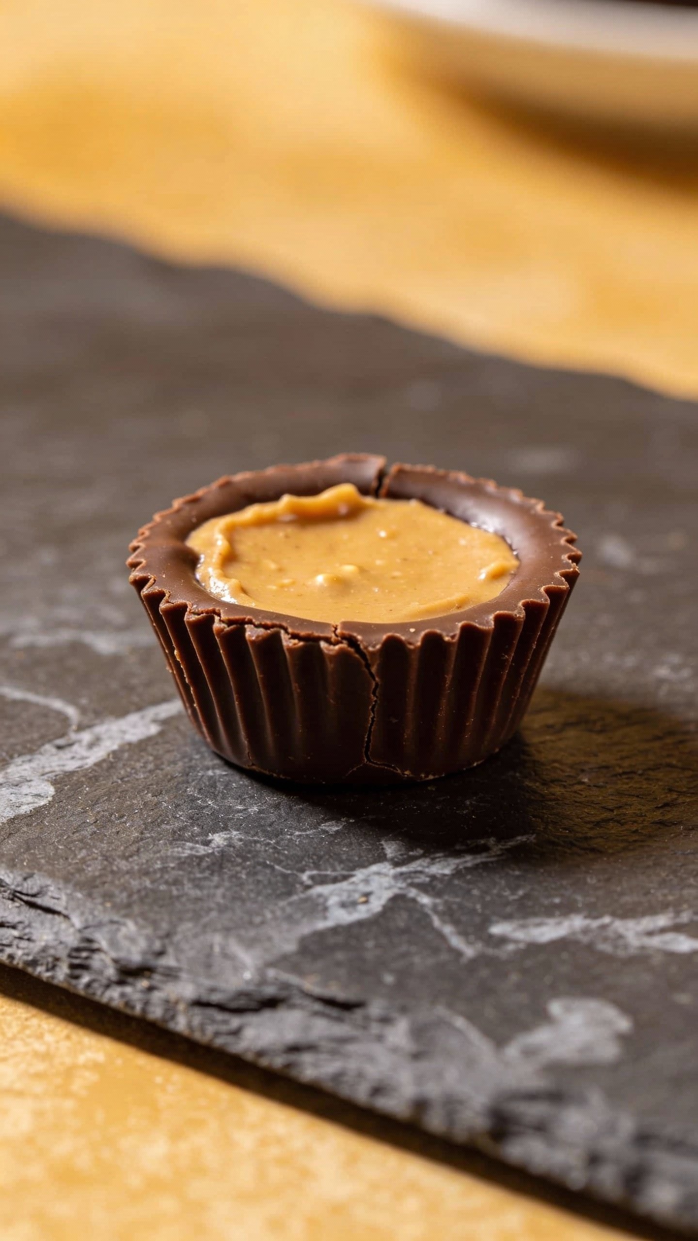 closeup keto peanut butter cup on matte slate surface