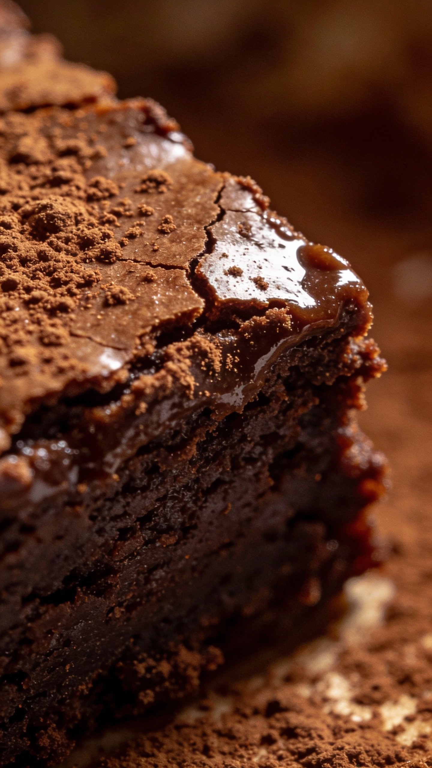 glossy keto brownie edge showing crackly top, espresso dusted