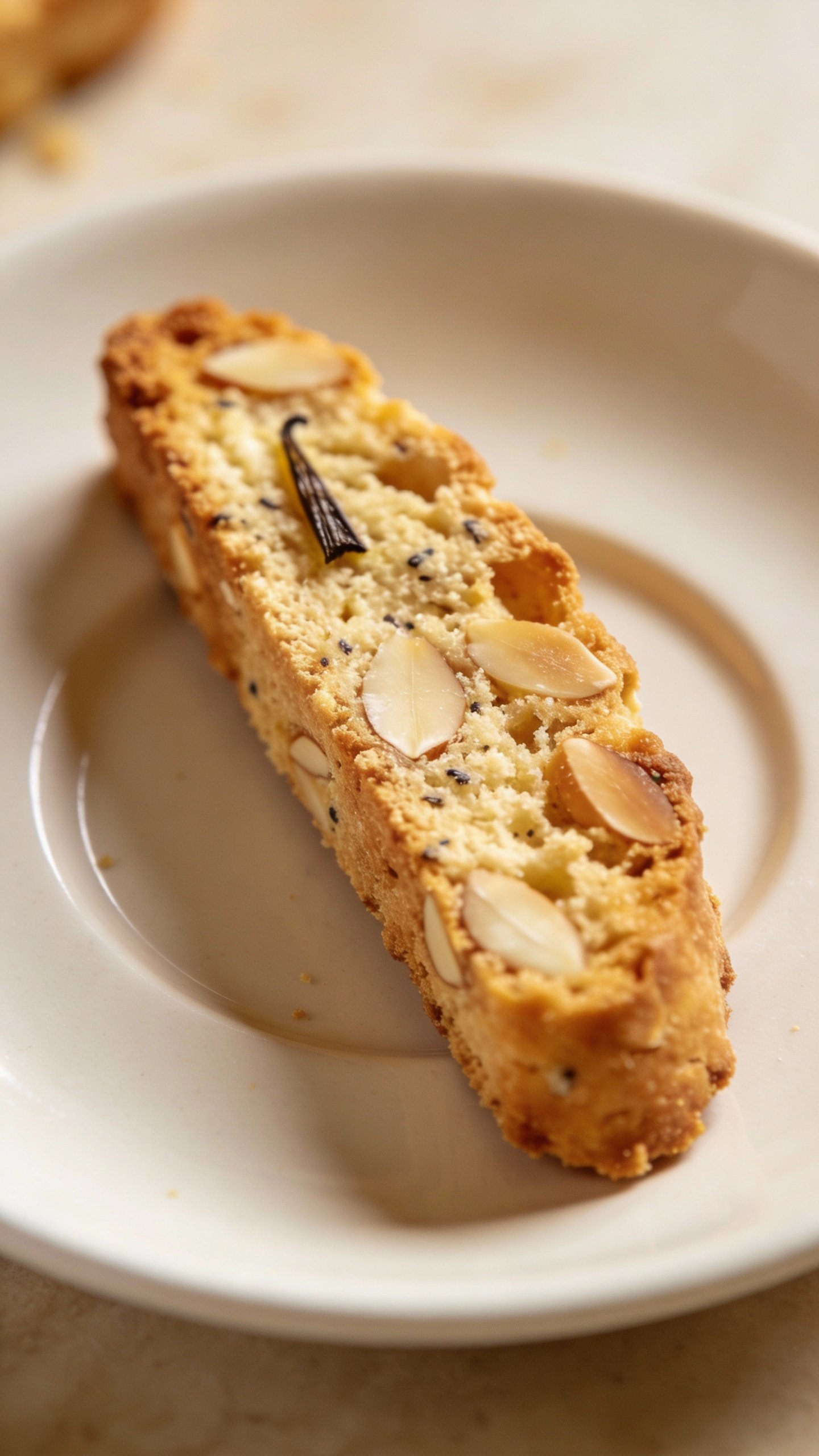 closeup keto vanilla almond biscotti on white saucer