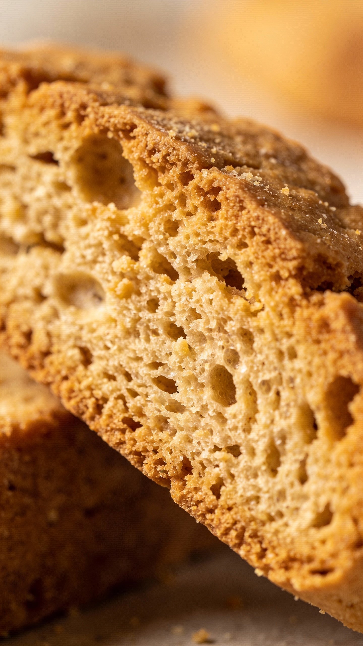 sliced keto biscotti end piece, golden crumb, macro shot
