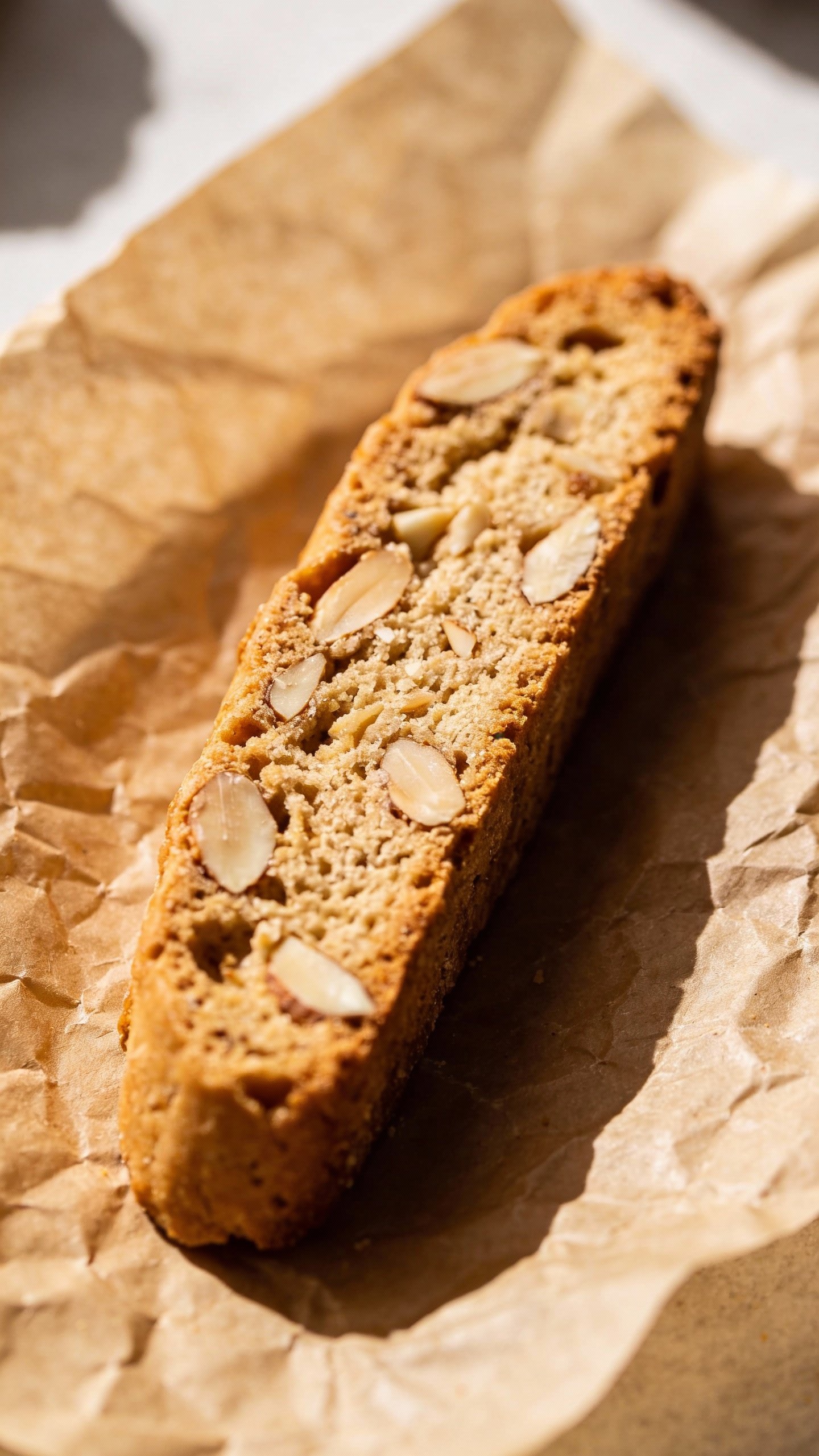 single almond-studded keto biscotti on parchment, side-lit
