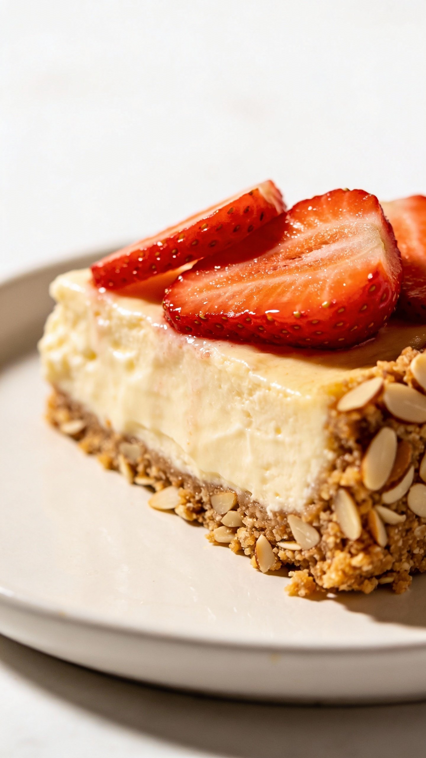 closeup slice of keto strawberry almond cheesecake on white plate