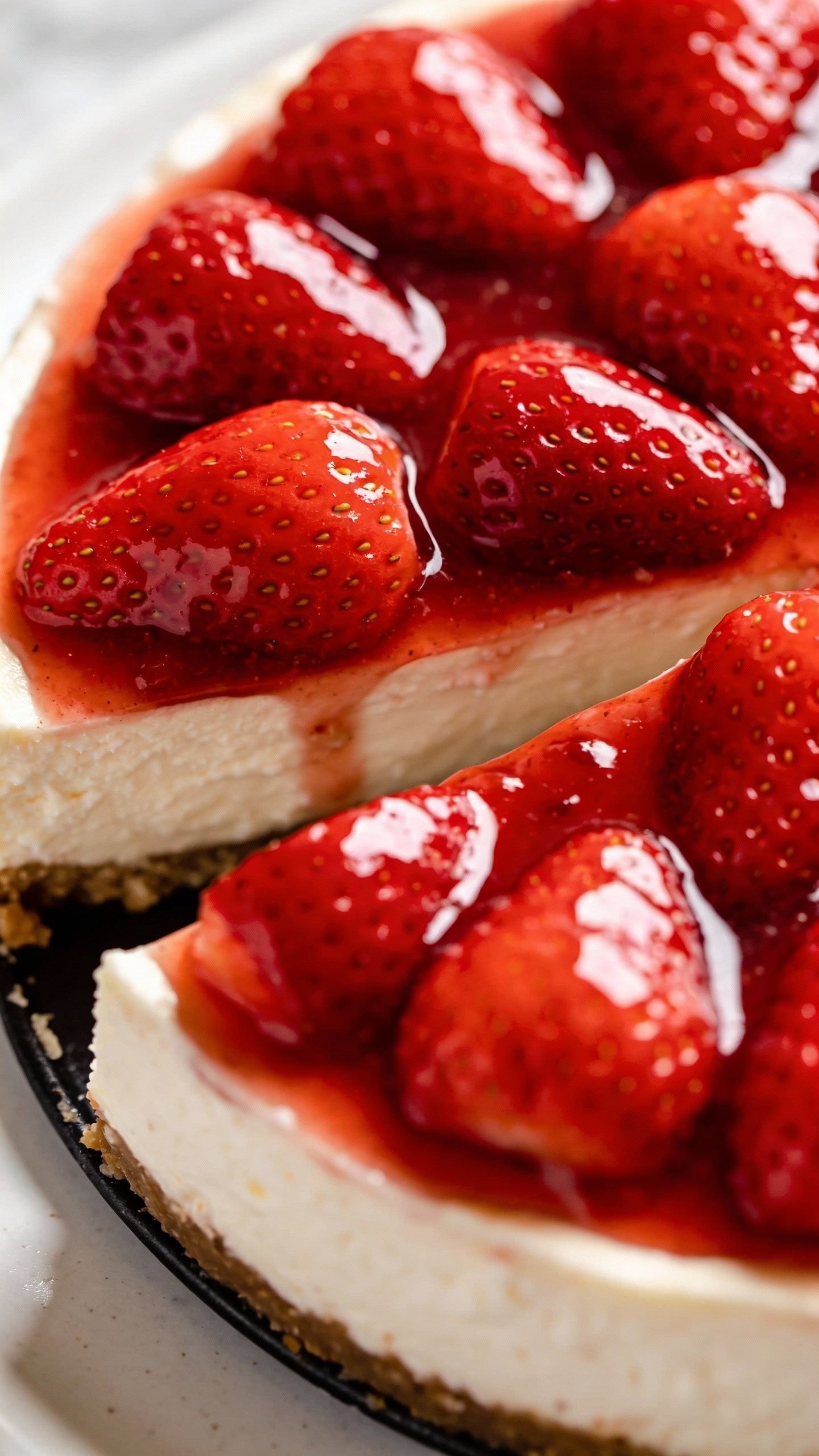 glossy strawberry topping on keto cheesecake, tight overhead shot
