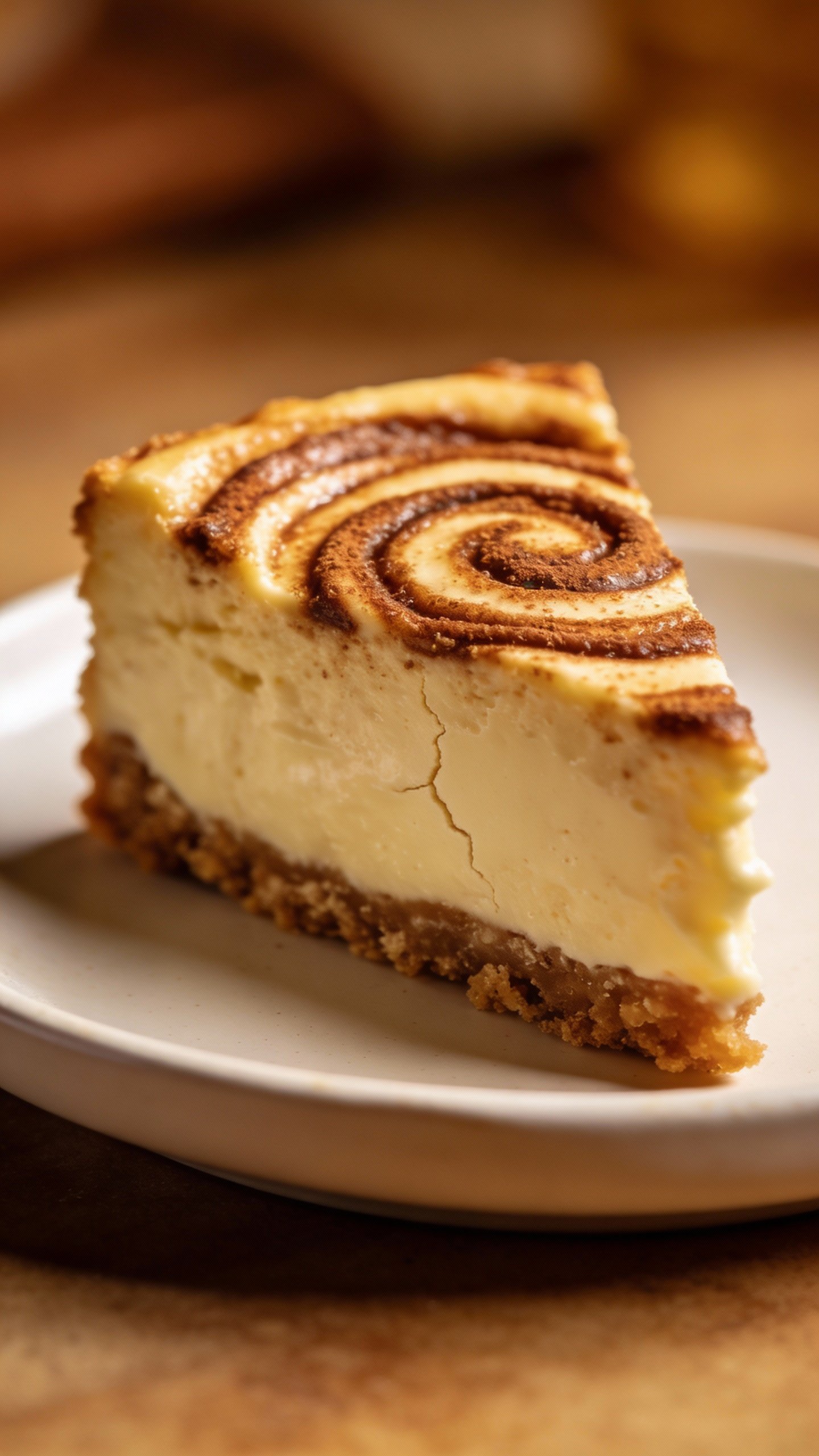 closeup slice of keto cinnamon swirl cheesecake on white plate