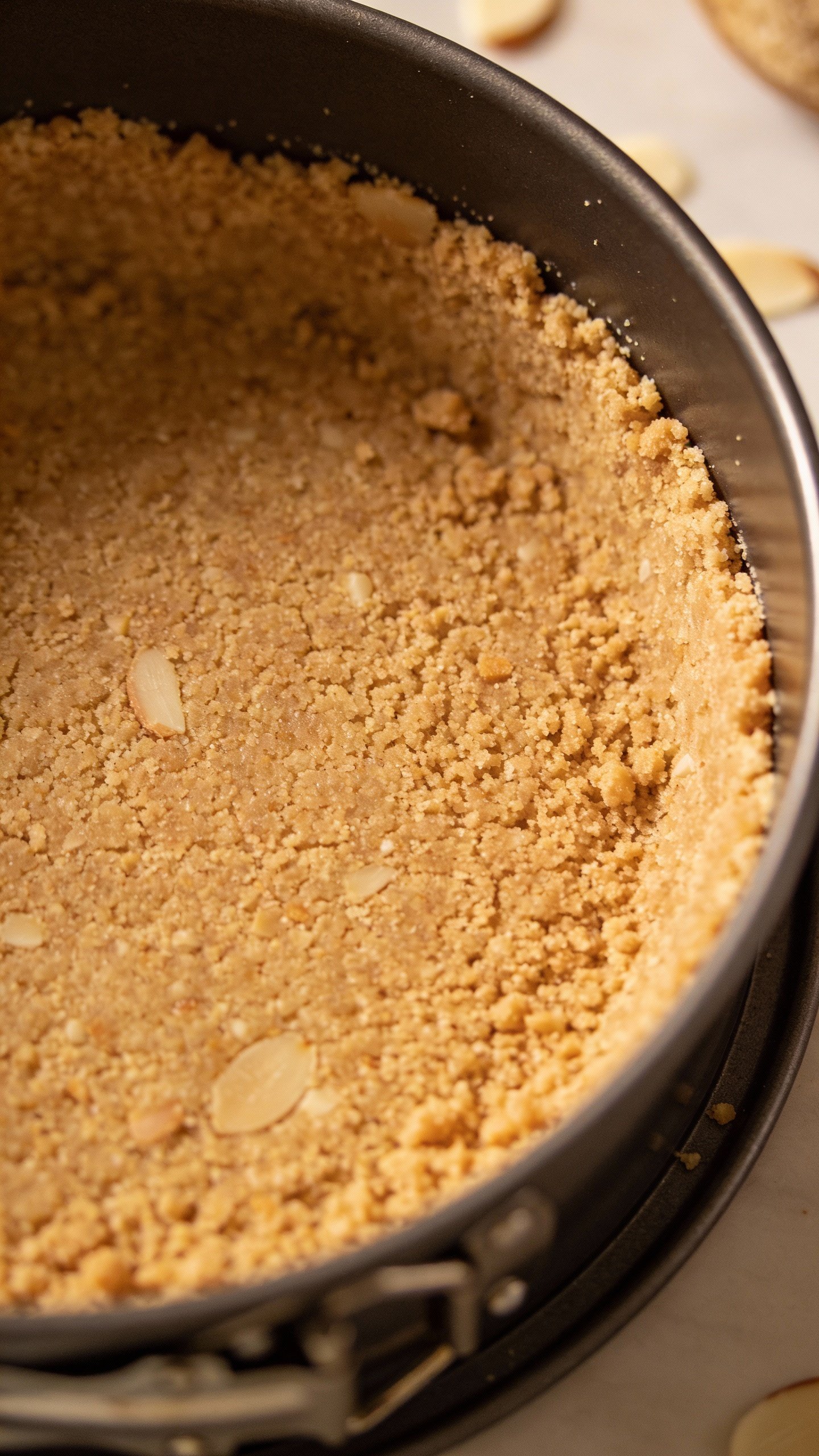 overhead shot of almond flour cheesecake crust in springform pan