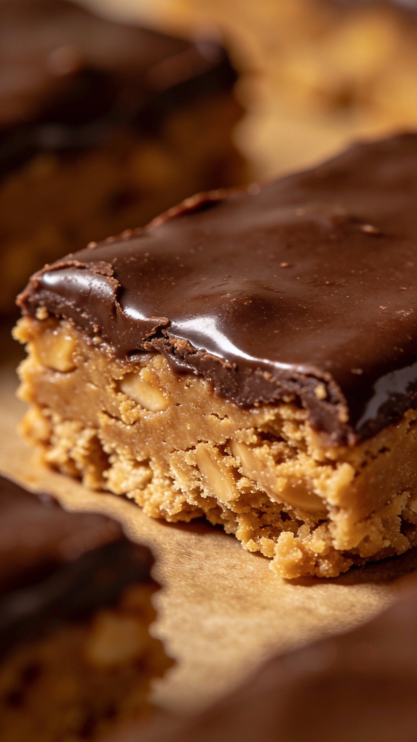 closeup keto peanut butter cookie dough bar with chocolate shell