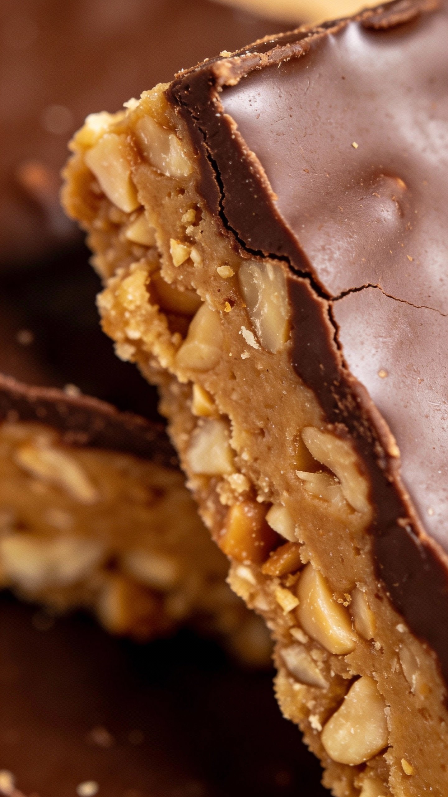 macro shot of chocolate-topped keto peanut butter bar edge