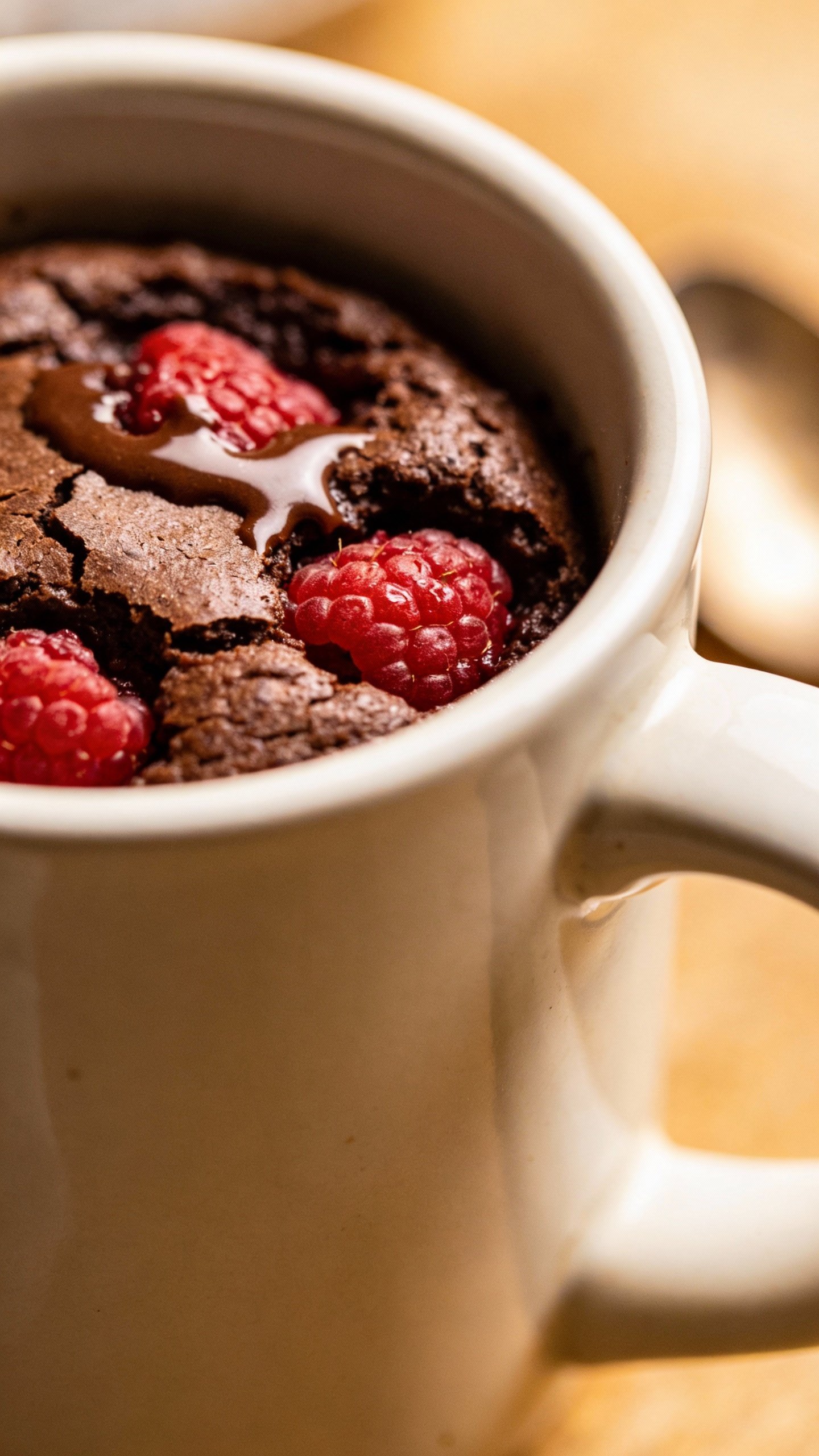 closeup keto chocolate raspberry mug cake in white ceramic mug