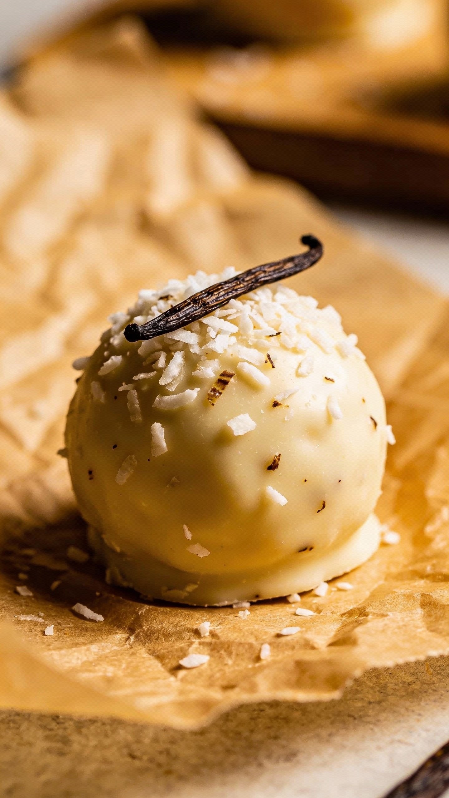 closeup of a single vanilla coconut fat bomb on parchment